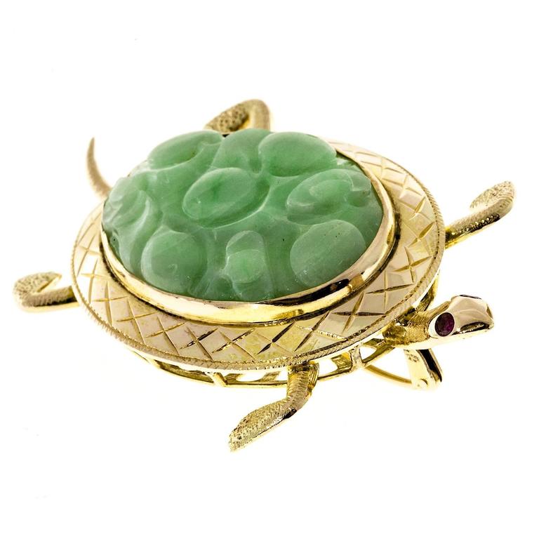 Natural Jadeite Jade Ruby Gold Turtle Brooch For Sale at 1stdibs
