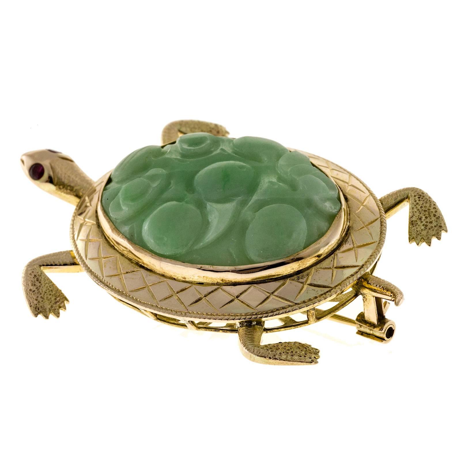 Oval Cut GIA Certified Natural Jadeite Jade Ruby Gold Turtle Brooch For Sale