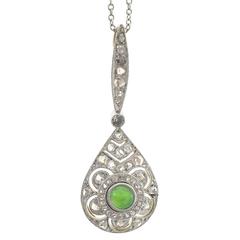 Victorian Natural Jade Imperial Diamond Platinum Gold Pendant Necklace 8
