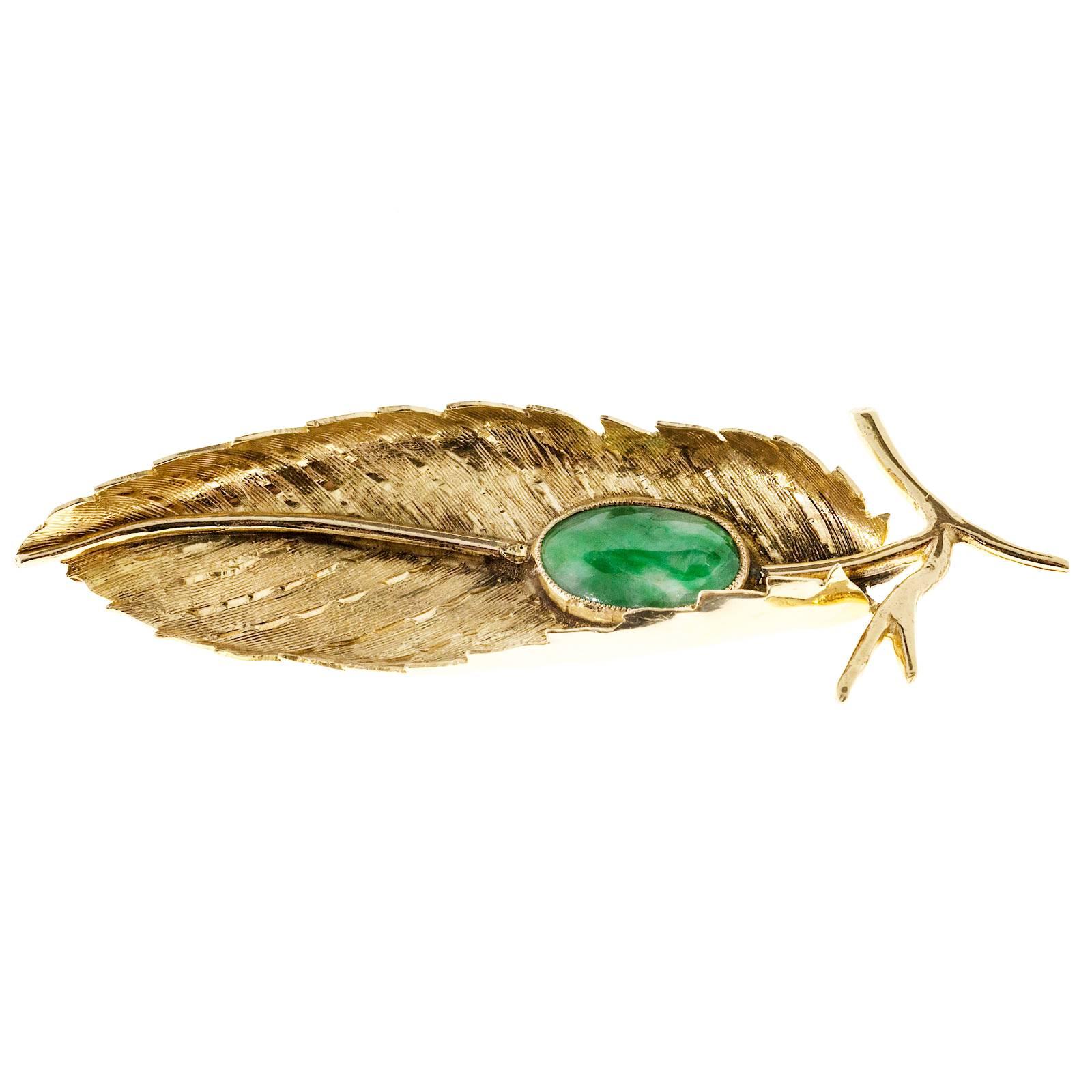 Oval Cut GIA Certified Jade Textured Gold Leaf Brooch