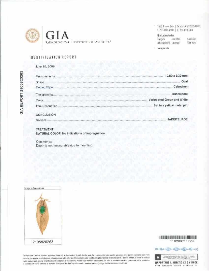 Women's GIA Certified Jade Textured Gold Leaf Brooch