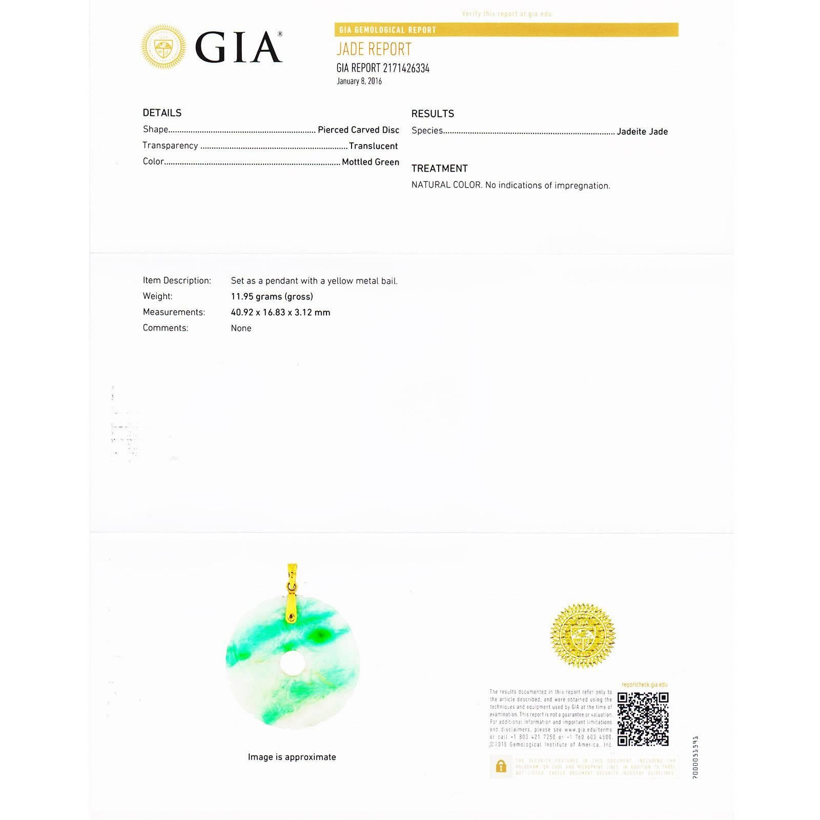 GIA zertifiziert Jadeit Jade geschnitzt Kreis Gold-Anhänger Damen im Angebot