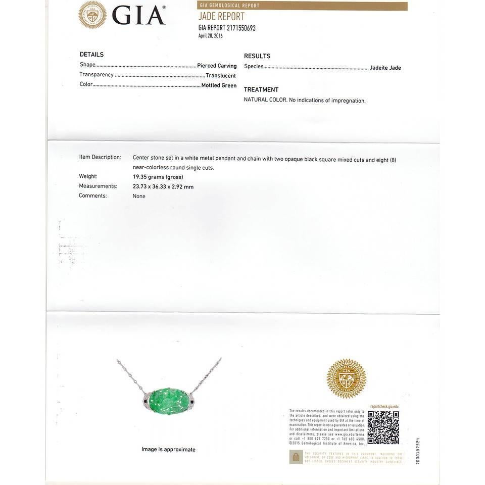 GIA Certified Jadeite Jade Onyx Diamond Platinum Art Deco Pendant Necklace 2