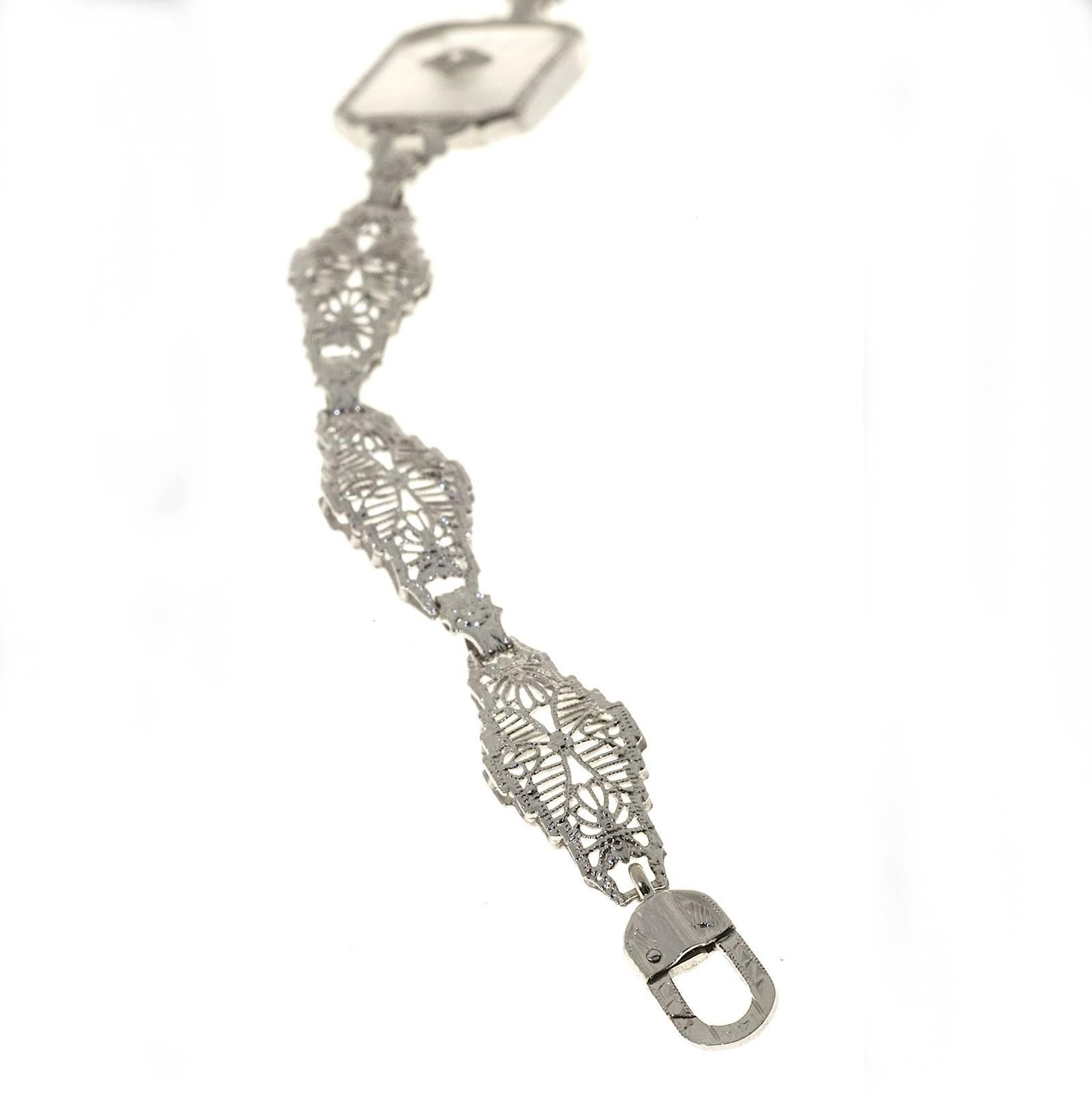 Round Cut Art Deco Diamond Quartz Pierced Filigree Gold Link Bracelet For Sale