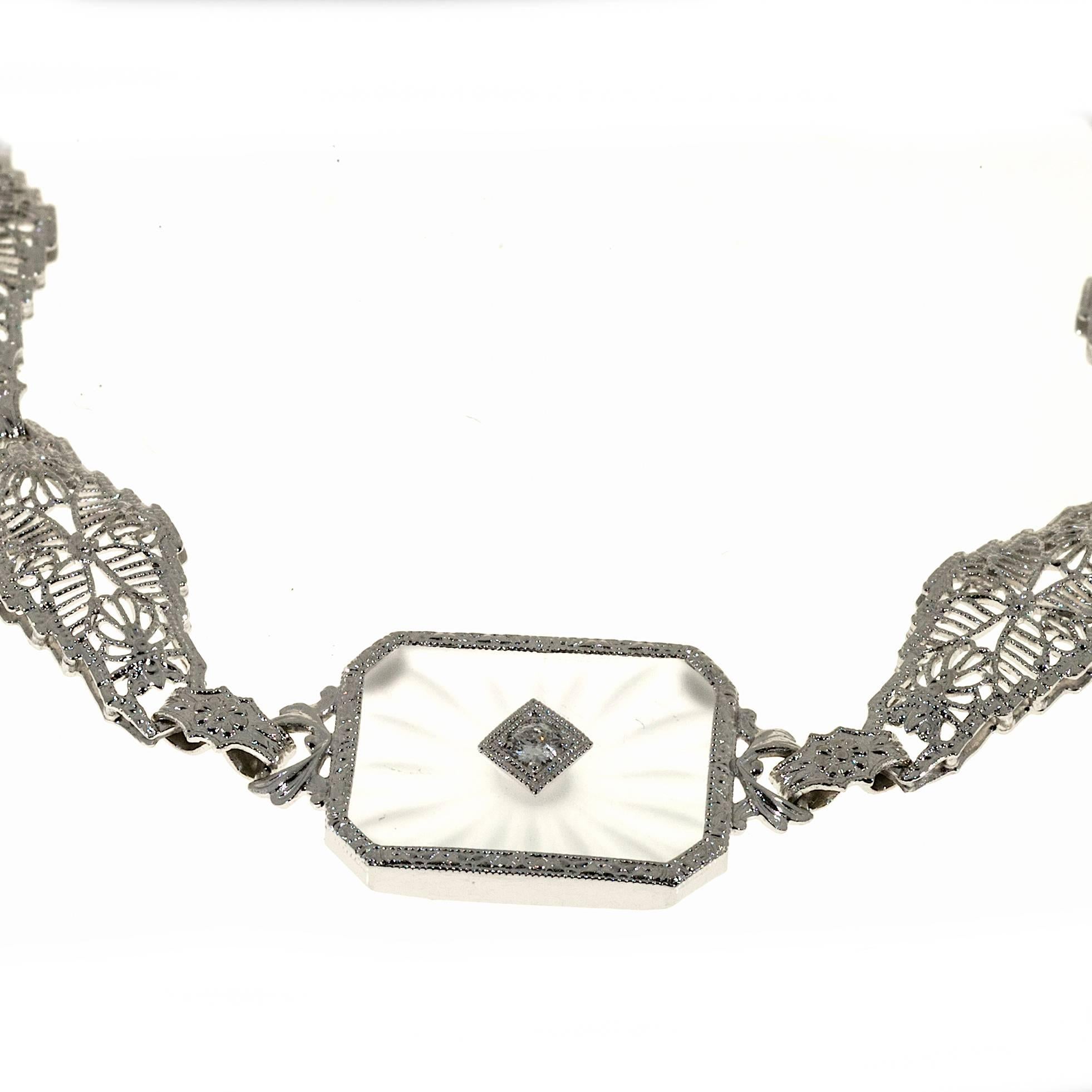 Women's Art Deco Diamond Quartz Pierced Filigree Gold Link Bracelet For Sale