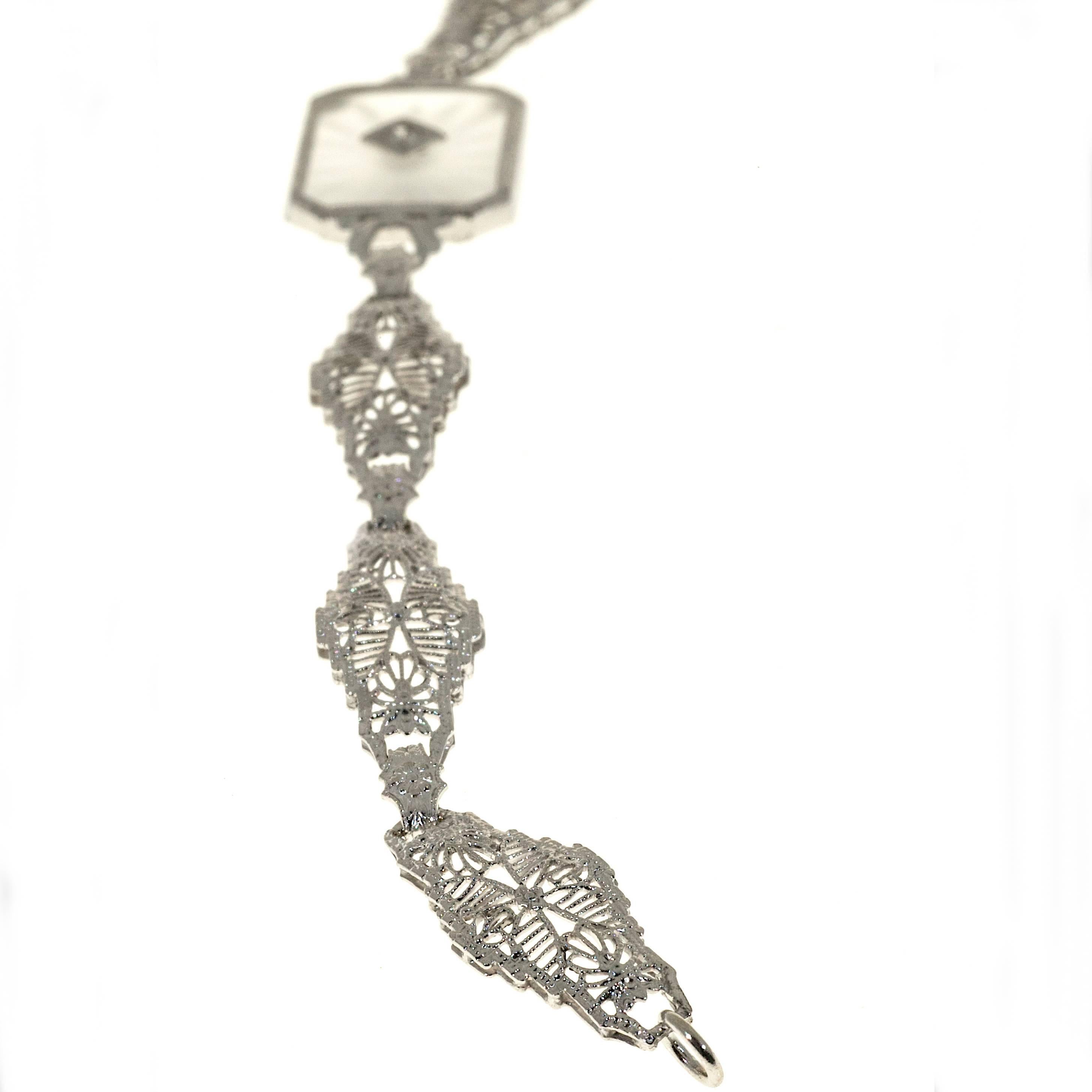 Art Deco Diamond Quartz Pierced Filigree Gold Link Bracelet For Sale 1
