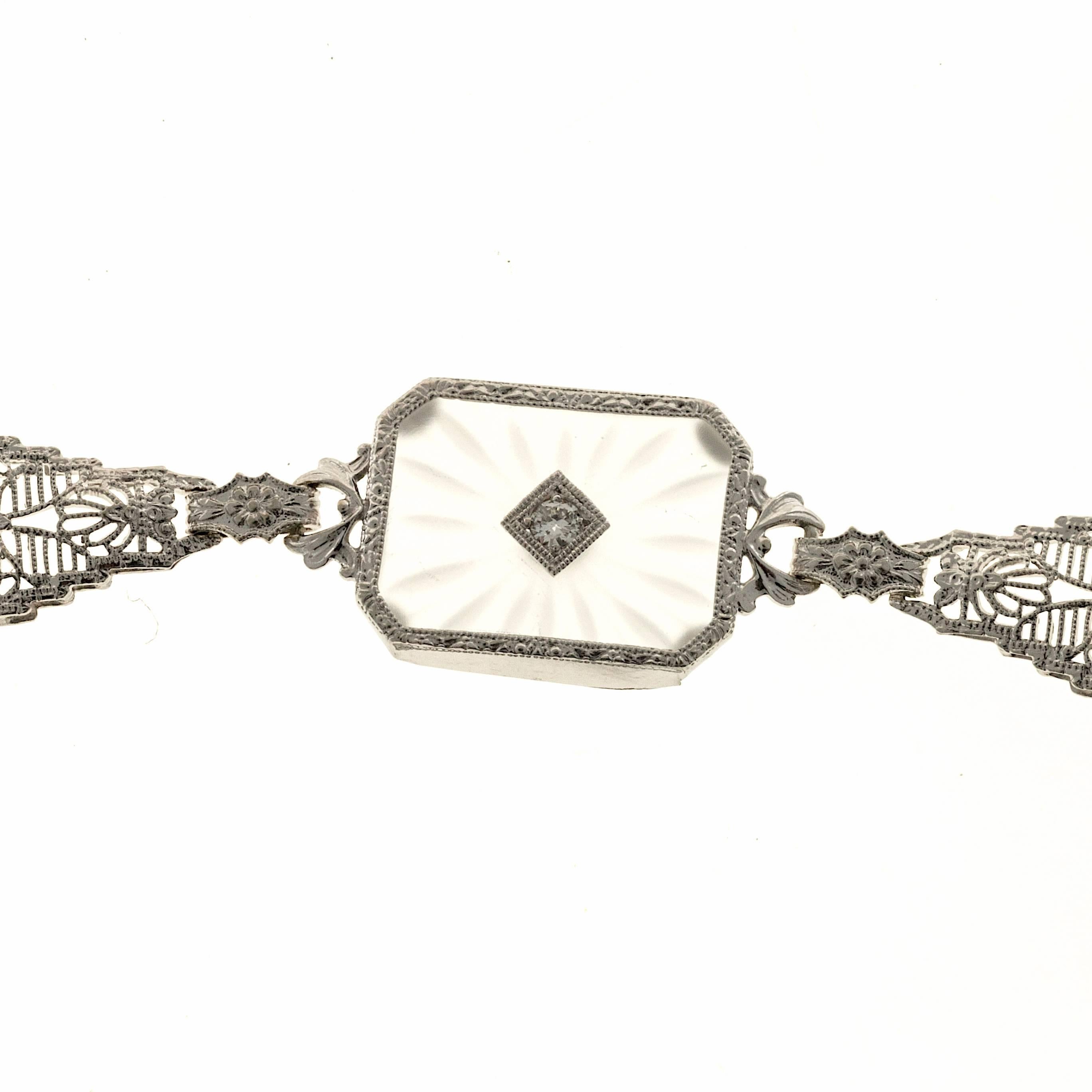 Art Deco Diamond Quartz Pierced Filigree Gold Link Bracelet For Sale 3