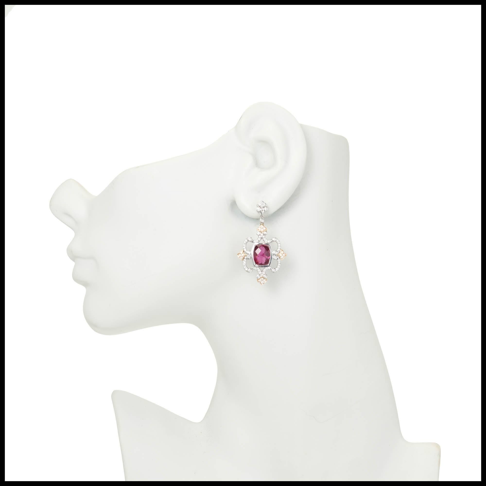  Charles Krypell rose and white 18k gold dangle earrings with pink Tourmaline and fine white full cut diamonds.

Stamped: C. Krypell
2 cushion pink Tourmaline 9.5 x 7mm, approx. total weight 5.03cts
139 round full cut diamonds approx. total weight