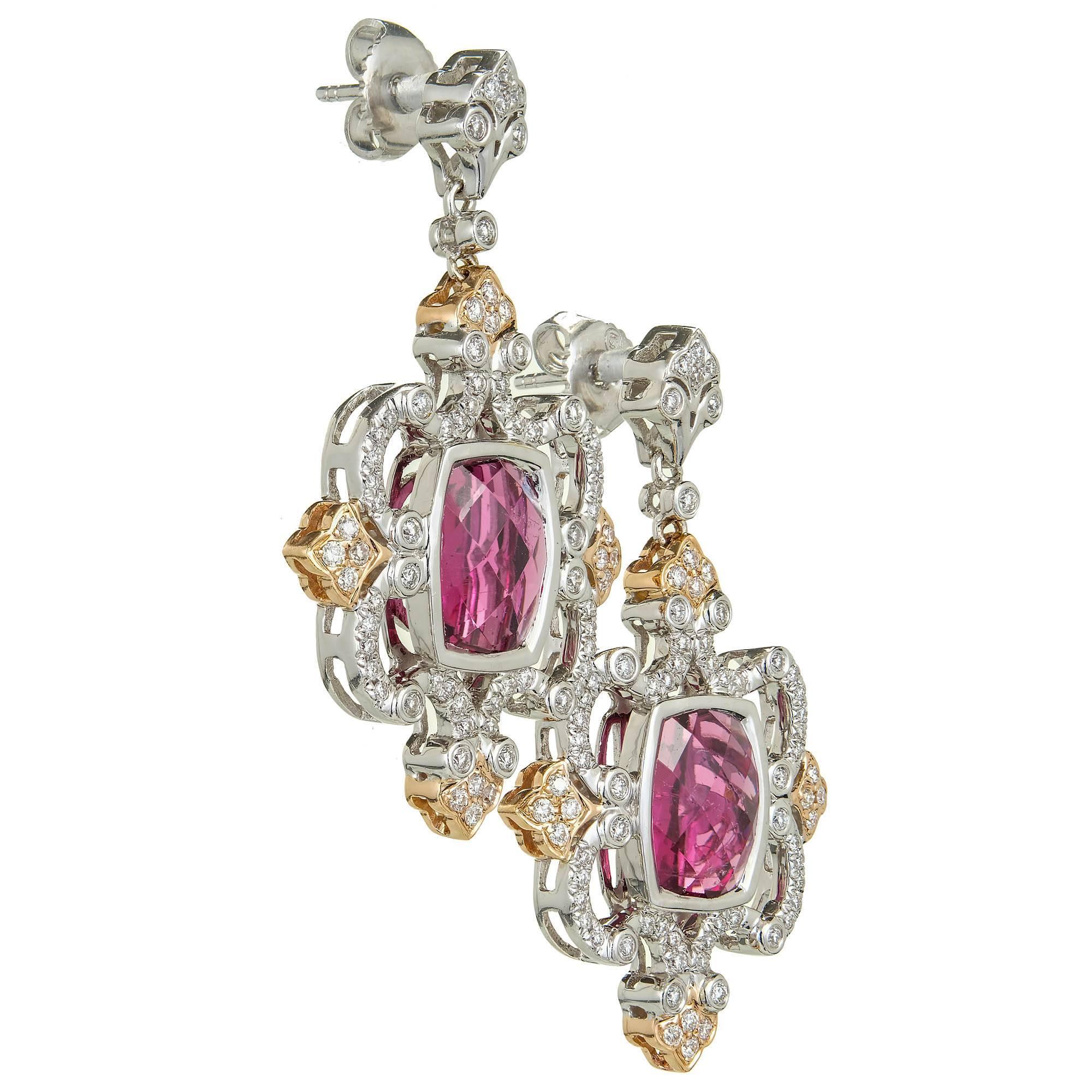 Charles Krypell Pink Tourmaline Diamond Gold Dangle Earring In Good Condition In Stamford, CT