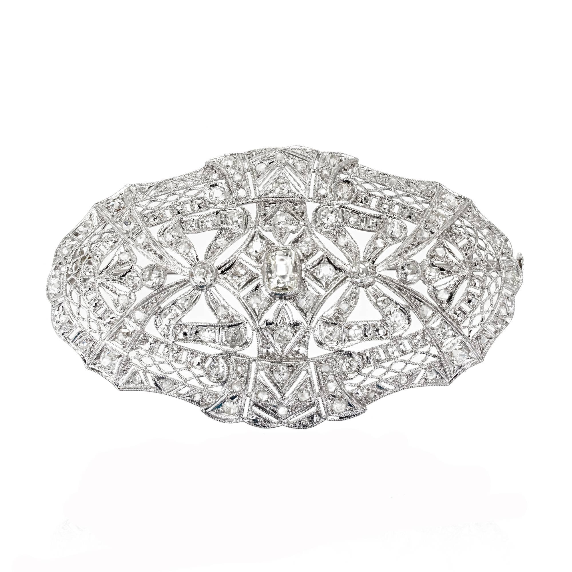 2.85 Carat Art Deco Diamond Platinum Oval Brooch