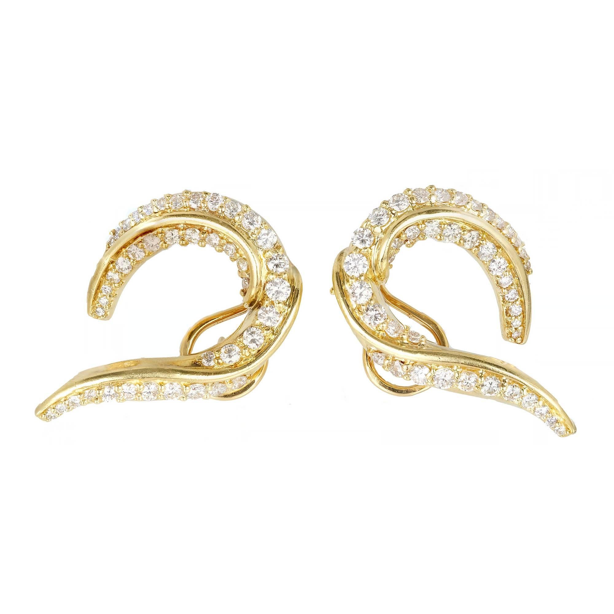 Women's Robin Rotenier 2.50 Carat Diamond Yellow Gold Swirl Clip Post Earrings For Sale