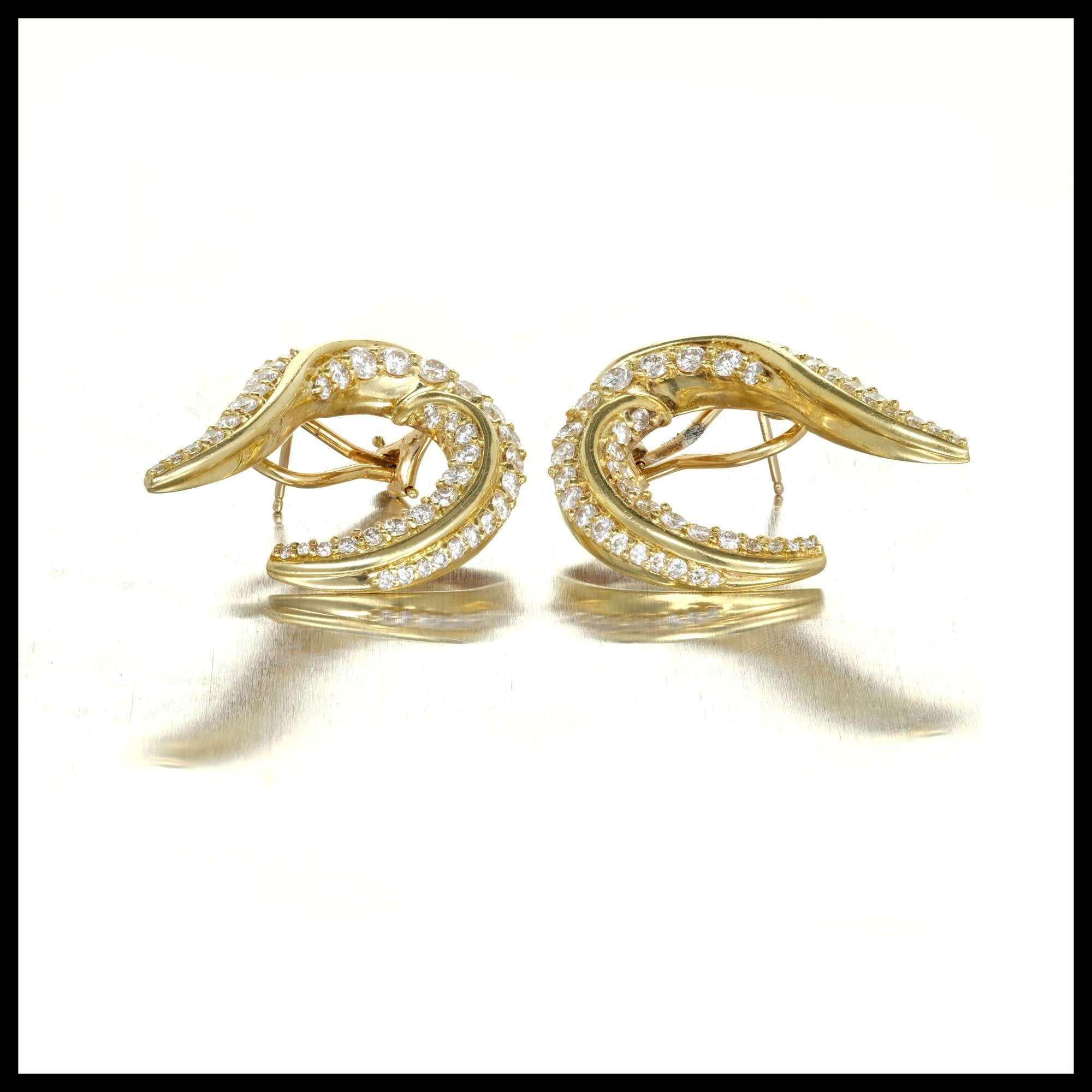 Robin Rotenier 2.50 Carat Diamond Yellow Gold Swirl Clip Post Earrings For Sale 3