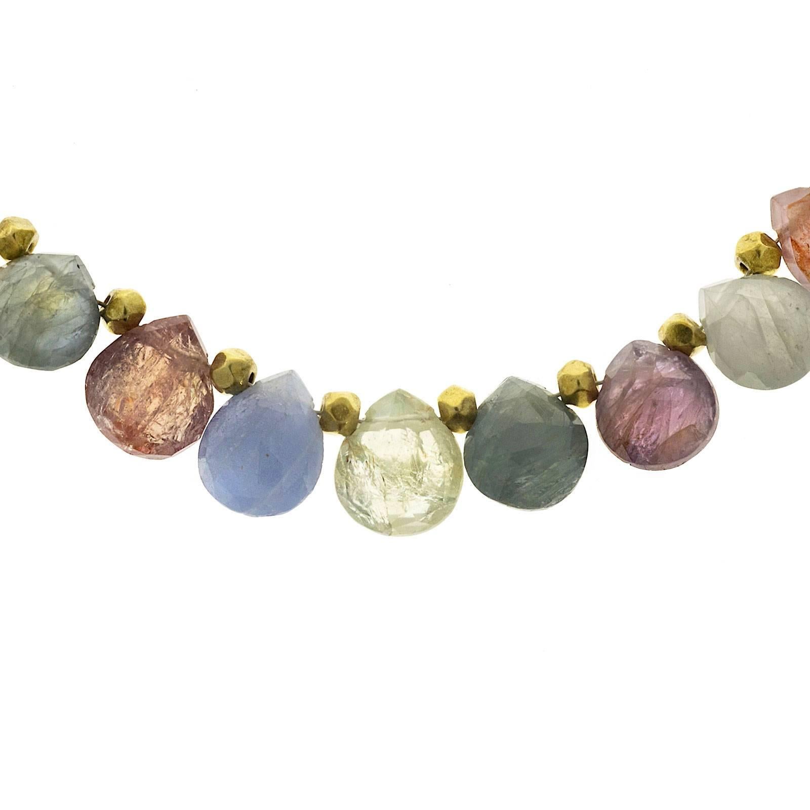 Robin Rotenier authentic sighed multi-color Sapphire necklace in soft pastel colors with 18k catch and handmade spacers.

58 drilled Briolette genuine multi pastel color Sapphires, approx. total weight 24.00cts, moderate inclusions, some eye