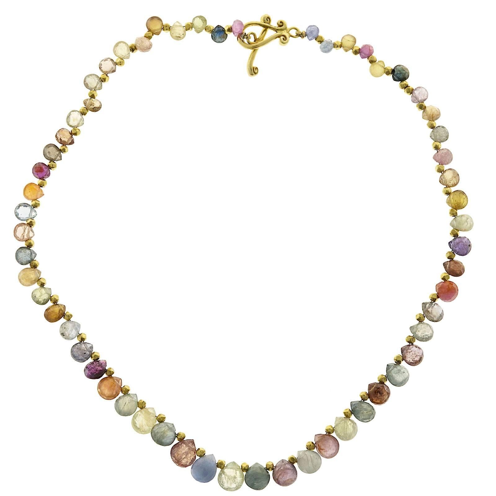 Robin Rotenier Multi-Color Sapphire Yellow Gold Necklace In Good Condition In Stamford, CT