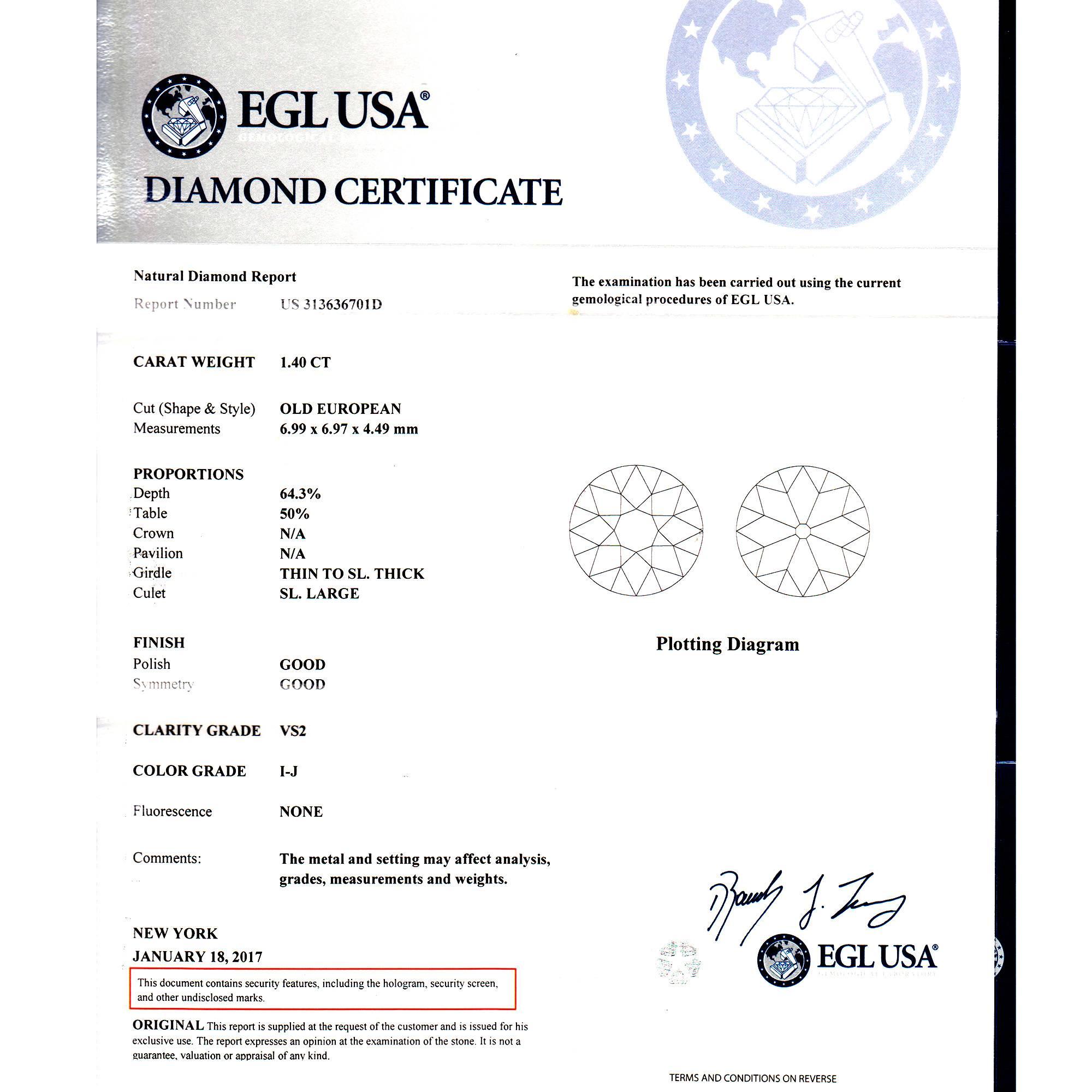 EGL-zertifizierter 1,40 Karat viktorianischer filigraner Platin-Verlobungsring mit Diamanten im Angebot 1