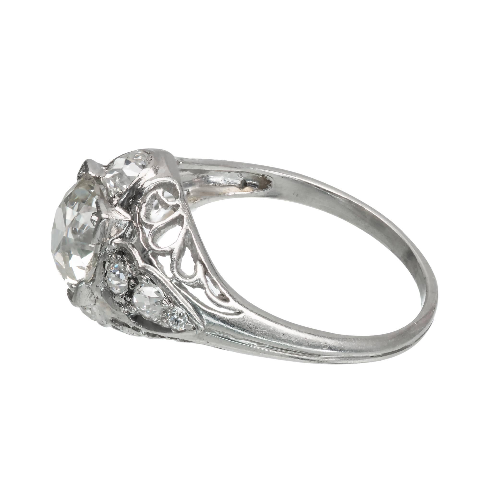 Old European Cut EGL Certified 1.40 Carat Victorian Diamond Filigree Platinum Engagement Ring For Sale