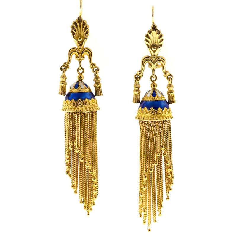 Cobalt Blue Enamel Gold Tassel Dangle Earrings at 1stDibs