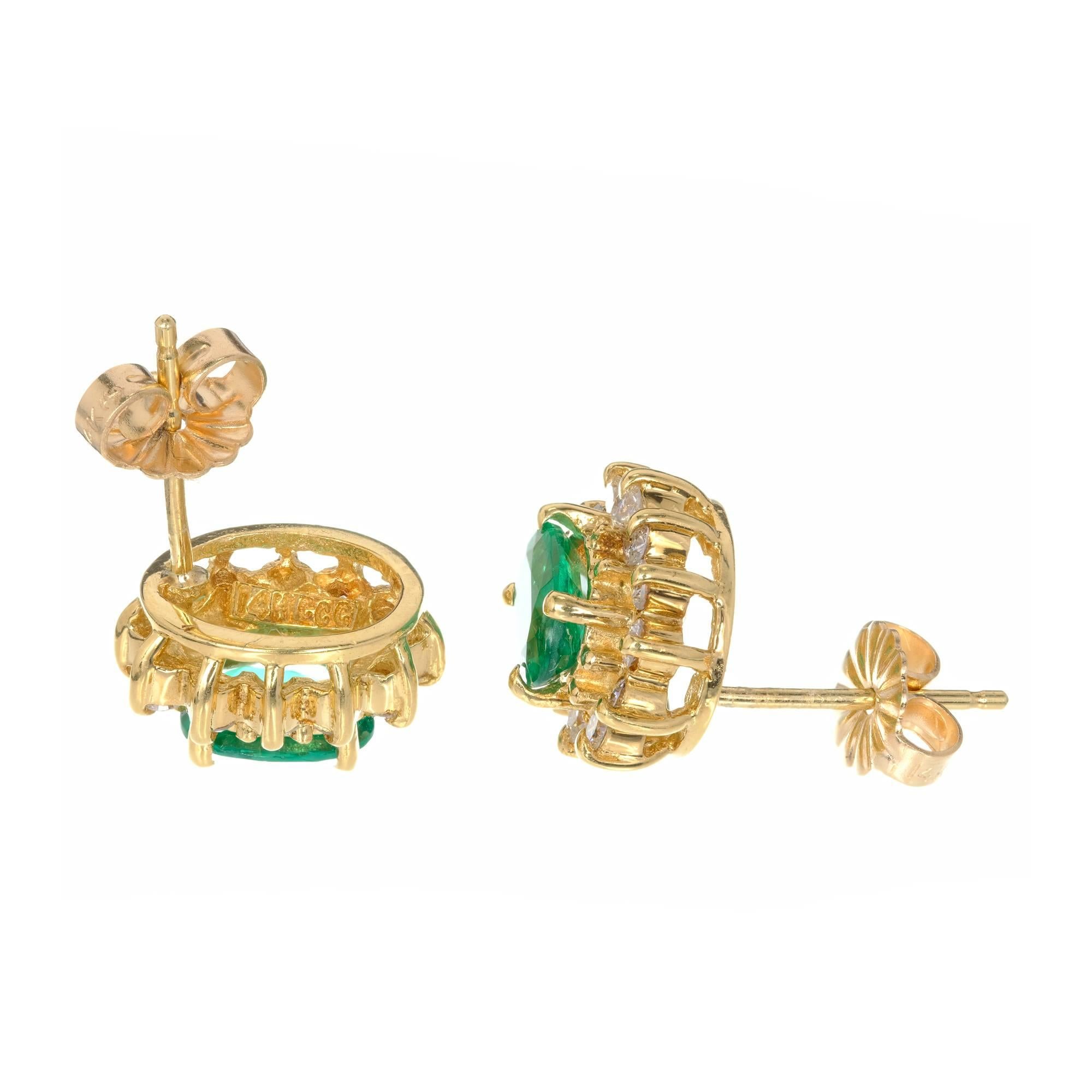 1.80 Carat Green Emerald Diamond Yellow Gold Stud Earrings In Good Condition In Stamford, CT