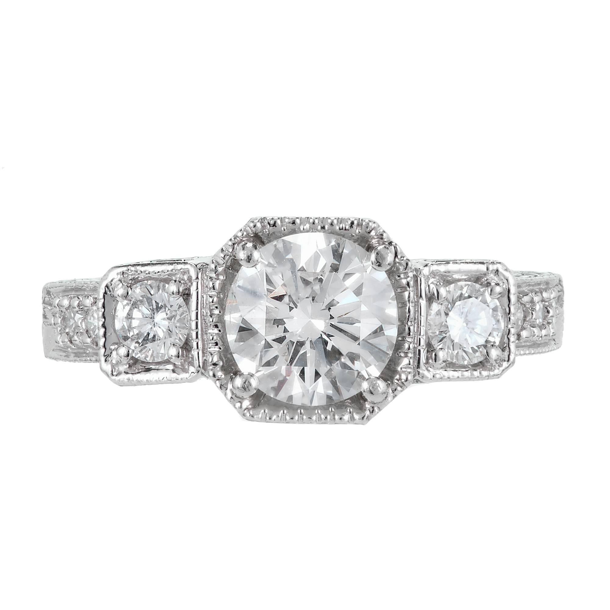 Round Cut EGL Certified 1.27 Carat White Diamond Three-Stone Platinum Ring For Sale