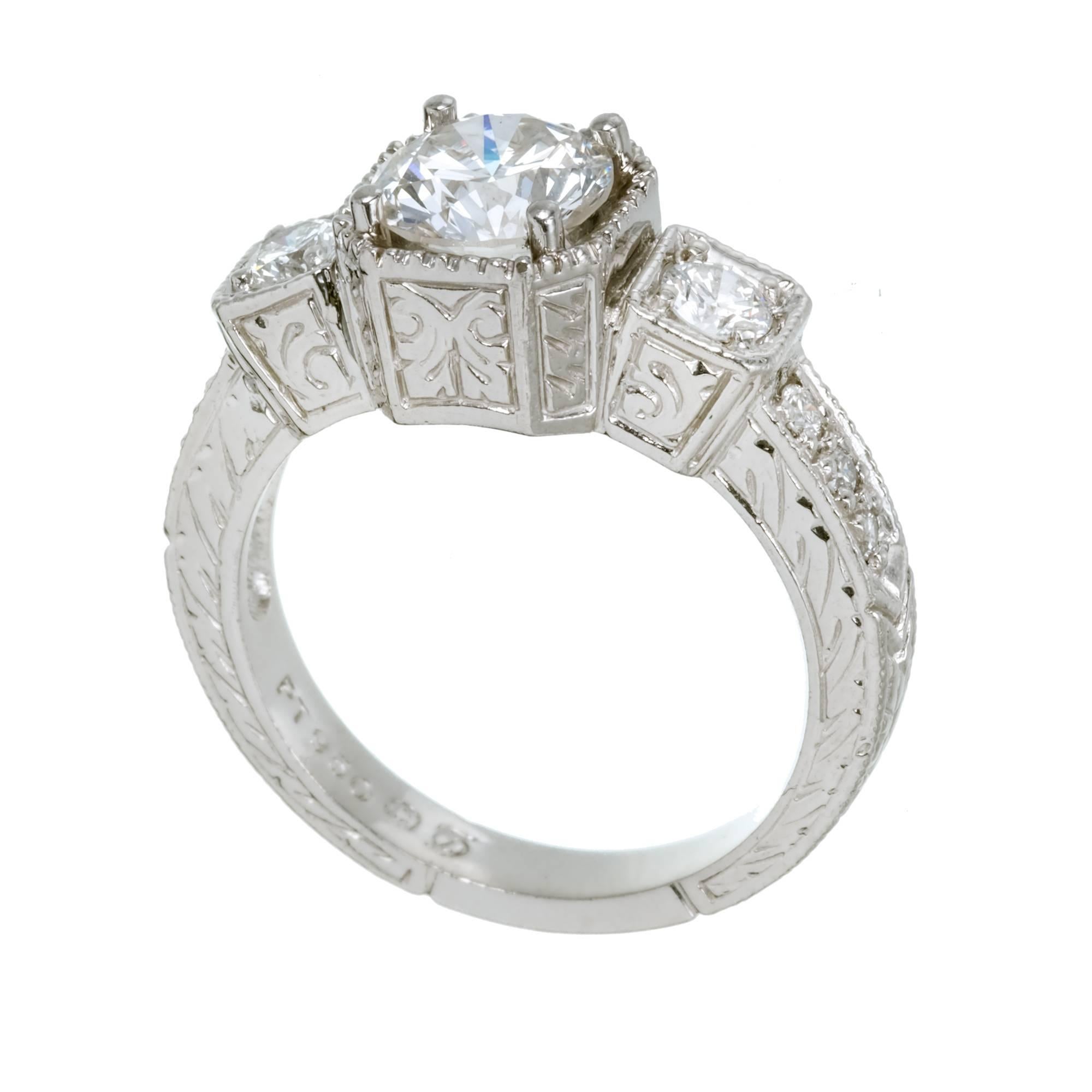 EGL Certified 1.27 Carat White Diamond Three-Stone Platinum Ring For Sale 2