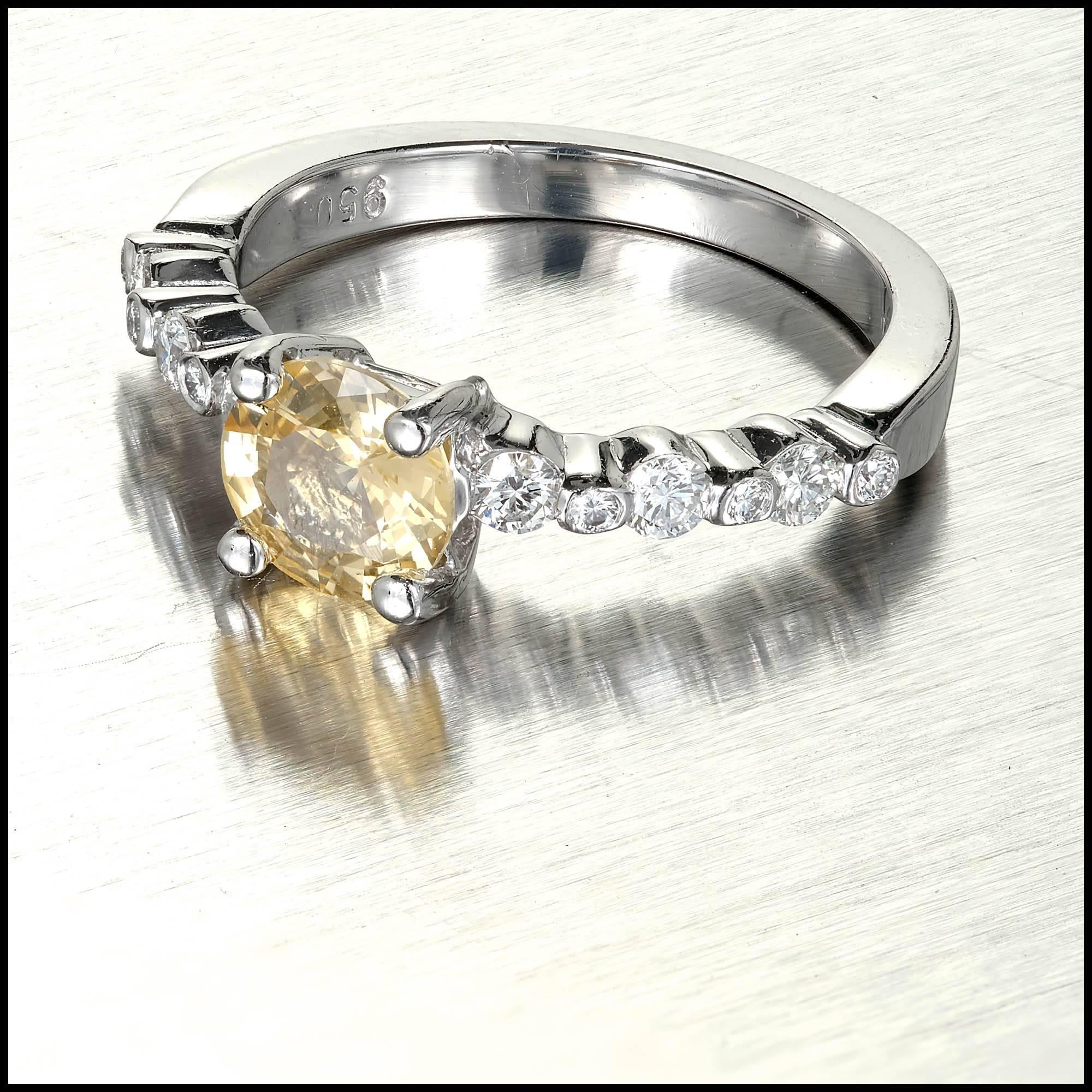 1.05 Carat Natural Fancy Yellow Sapphire Diamond Platinum Engagement Ring For Sale 4