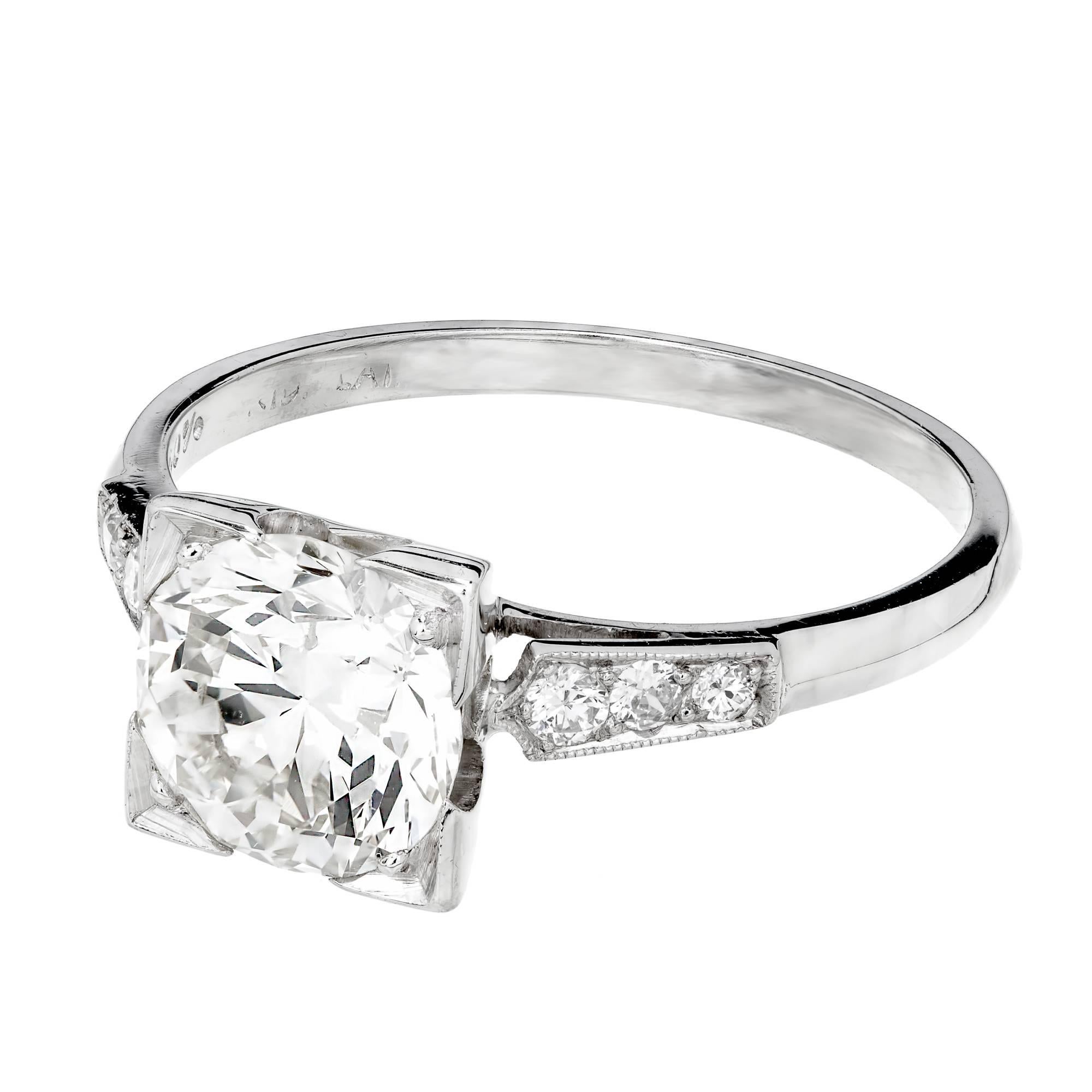Art Deco old European cut diamond engagement ring with a bright sparkly center diamond in a square top. Accented with six side diamonds in a platinum setting. Original circa 1930-1940. 

1 old European cut diamond, approx. total weight 1.62cts, J to