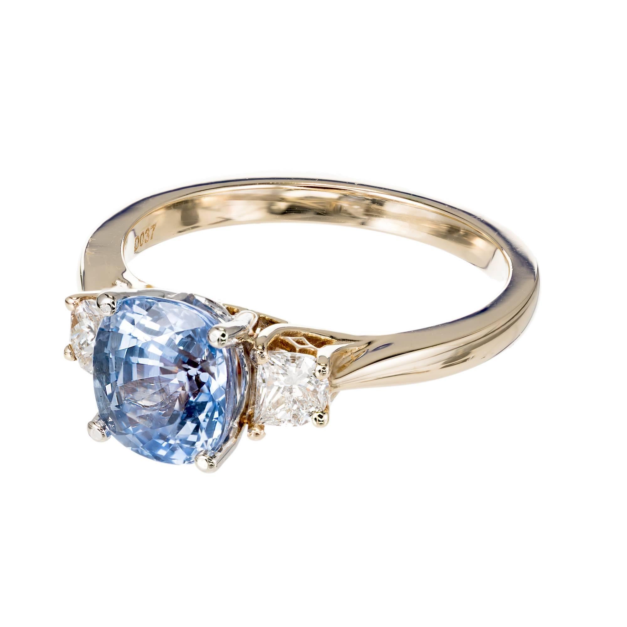 Peter Suchy 2.22 Carat Blue Sapphire Diamond Three-Stone Gold Engagement Ring In Good Condition In Stamford, CT