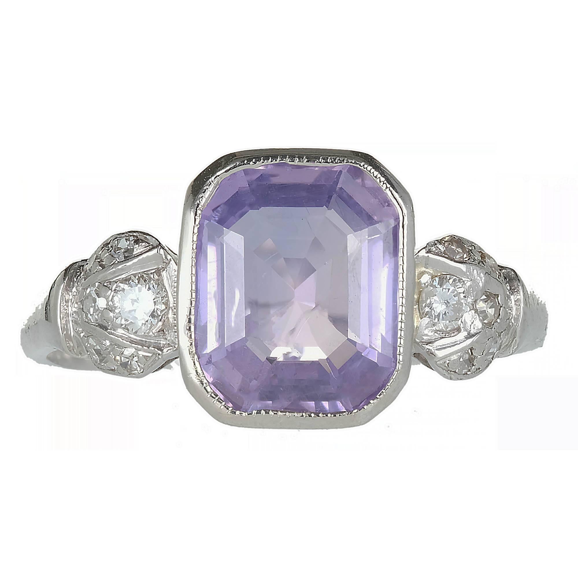 Handmade circa 1920s  natural untreated no heat purple Sapphire and diamonds in original Art Deco platinum setting. GIA Certified# 2135241870

1 octagonal Emerald cut purple Sapphire, approx. total weight 2.78cts, SI2, 8.87 x 7.34 x 4.11mm, natural