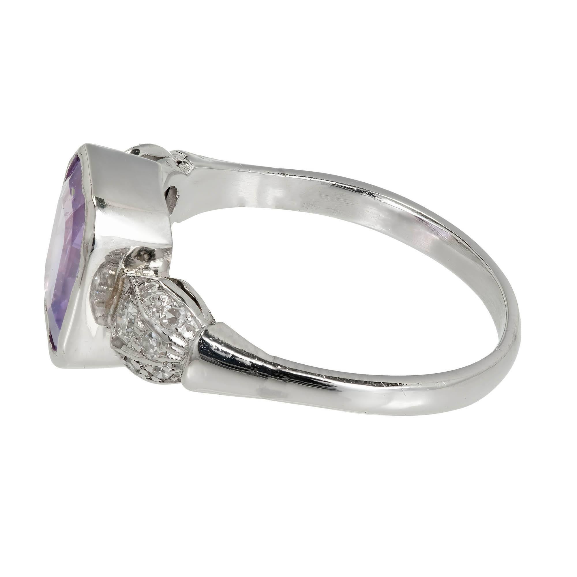 Emerald Cut 2.78 Carat Purple Octagon Sapphire Diamond Platinum Engagement Ring For Sale