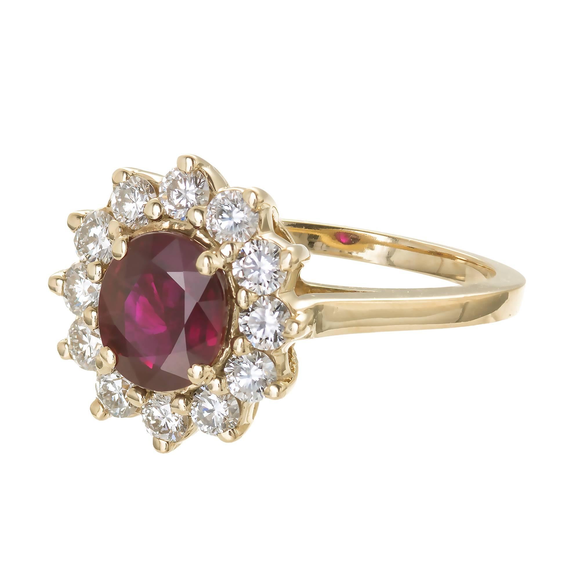 Oval Cut 1.51 Carat Red Ruby Diamond Halo Yellow Gold Engagement Ring