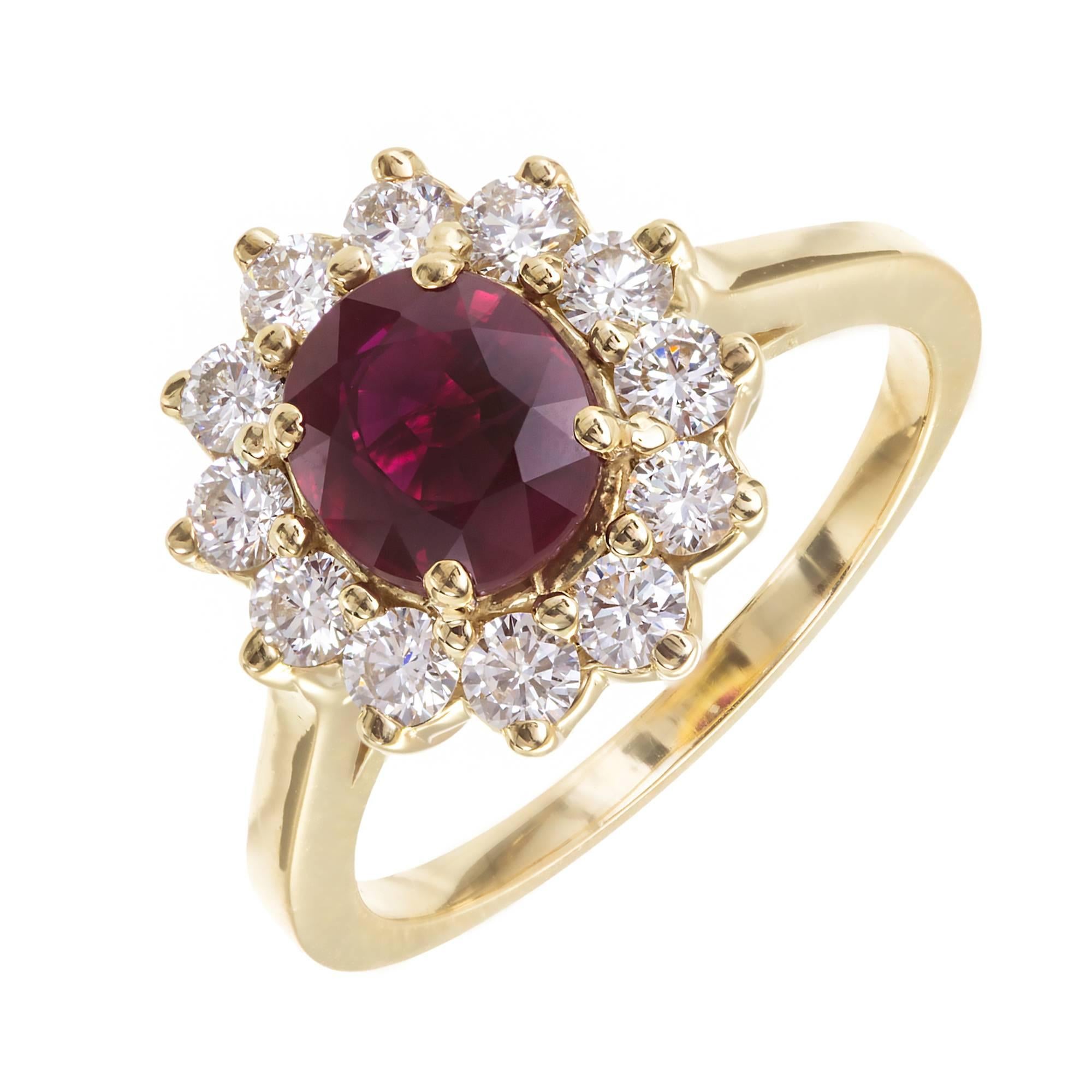 1.51 Carat Red Ruby Diamond Halo Yellow Gold Engagement Ring