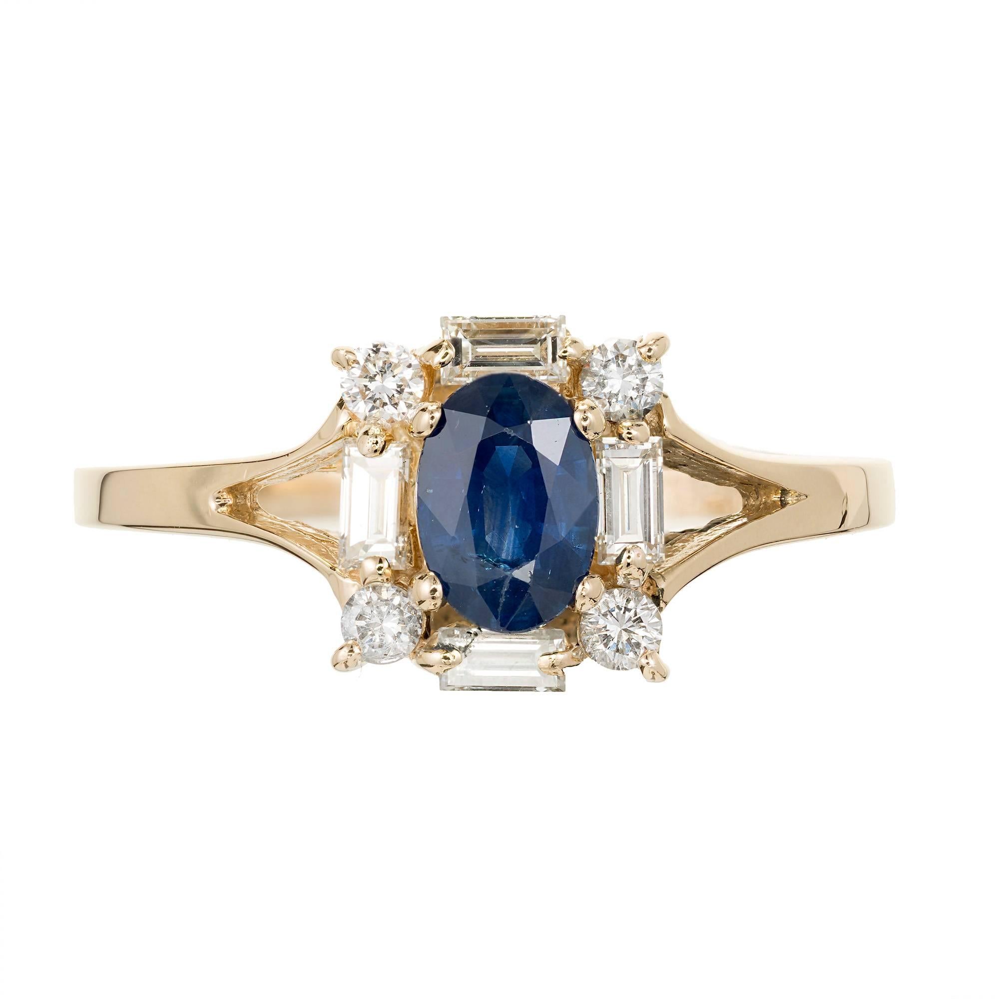 Oval Sapphire Diamond Round Baguette Halo Gold Engagement Ring