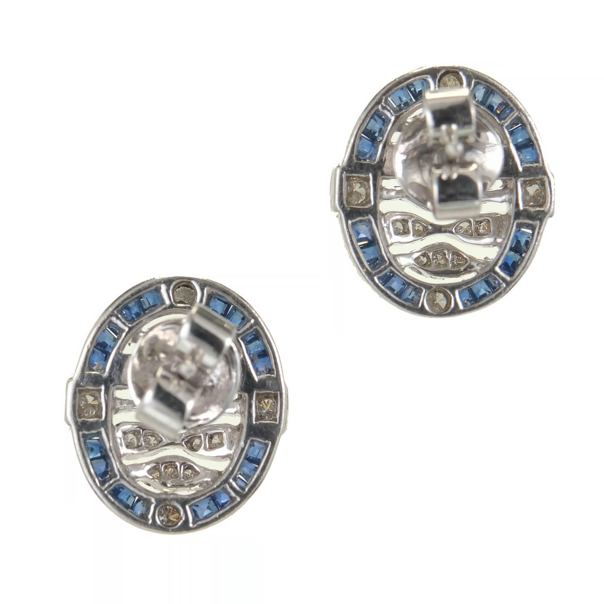 Round Cut Art Deco Sapphire Diamond Platinum Open Work Earrings