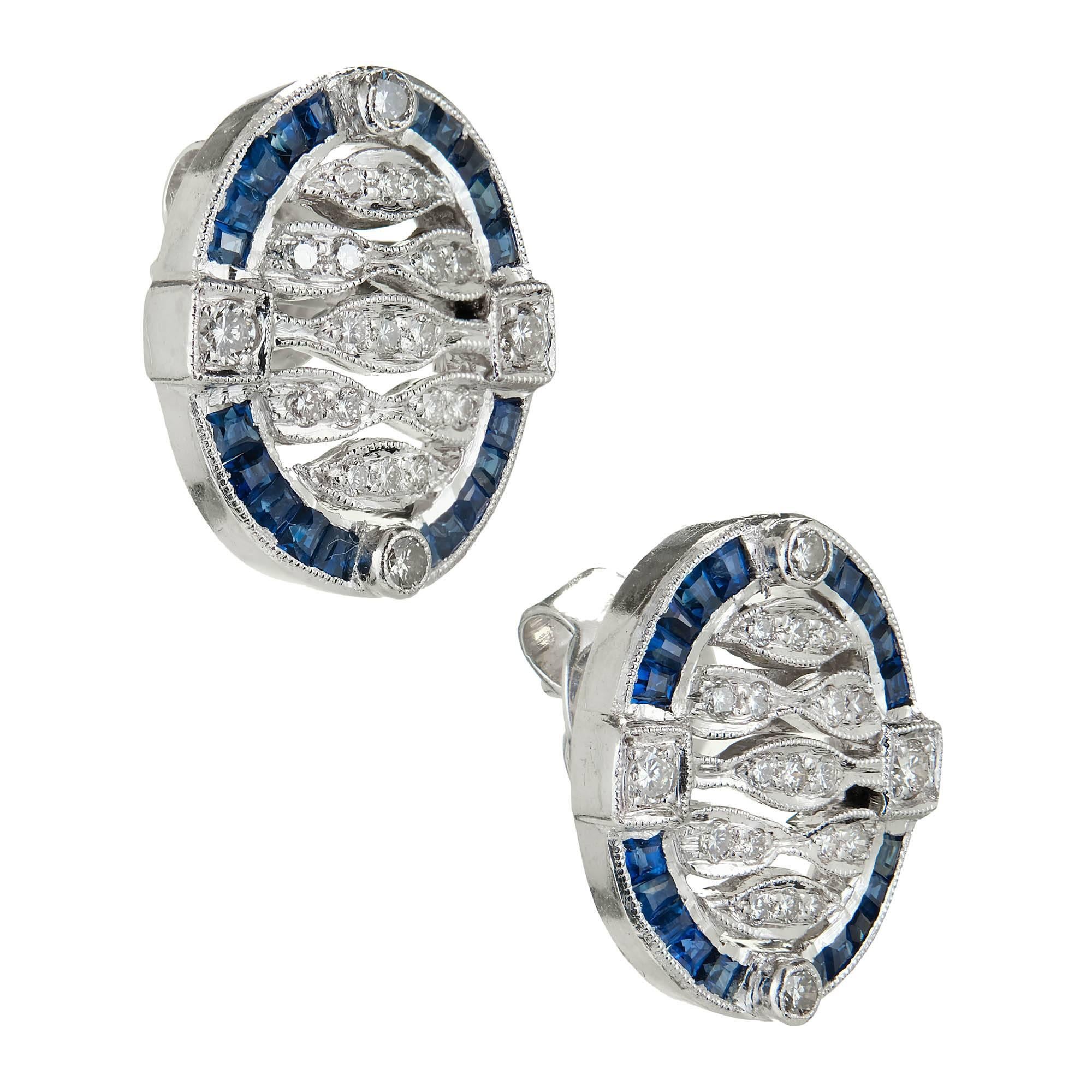 Art Deco Sapphire Diamond Platinum Open Work Earrings In Good Condition In Stamford, CT