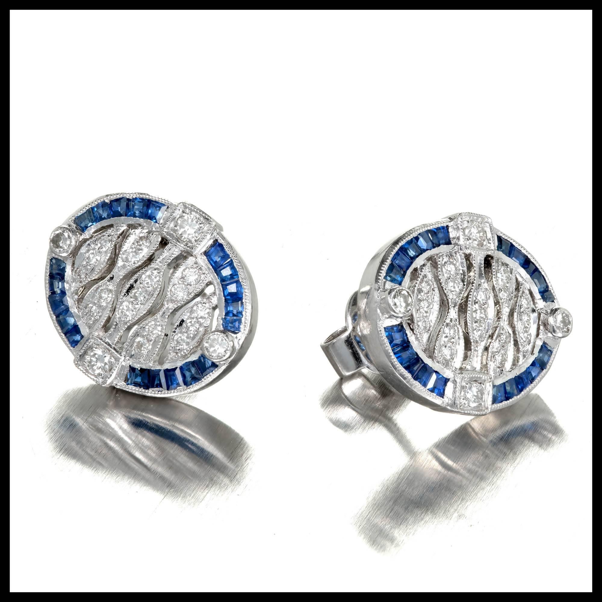 Art Deco Solid Platinum open work Sapphire diamond earrings. Square channel set Sapphires and good bead set diamonds. Open work centers.

40 square genuine Sapphires, approx. total weight .25cts, bright blue
42 full cut round diamonds, approx. total