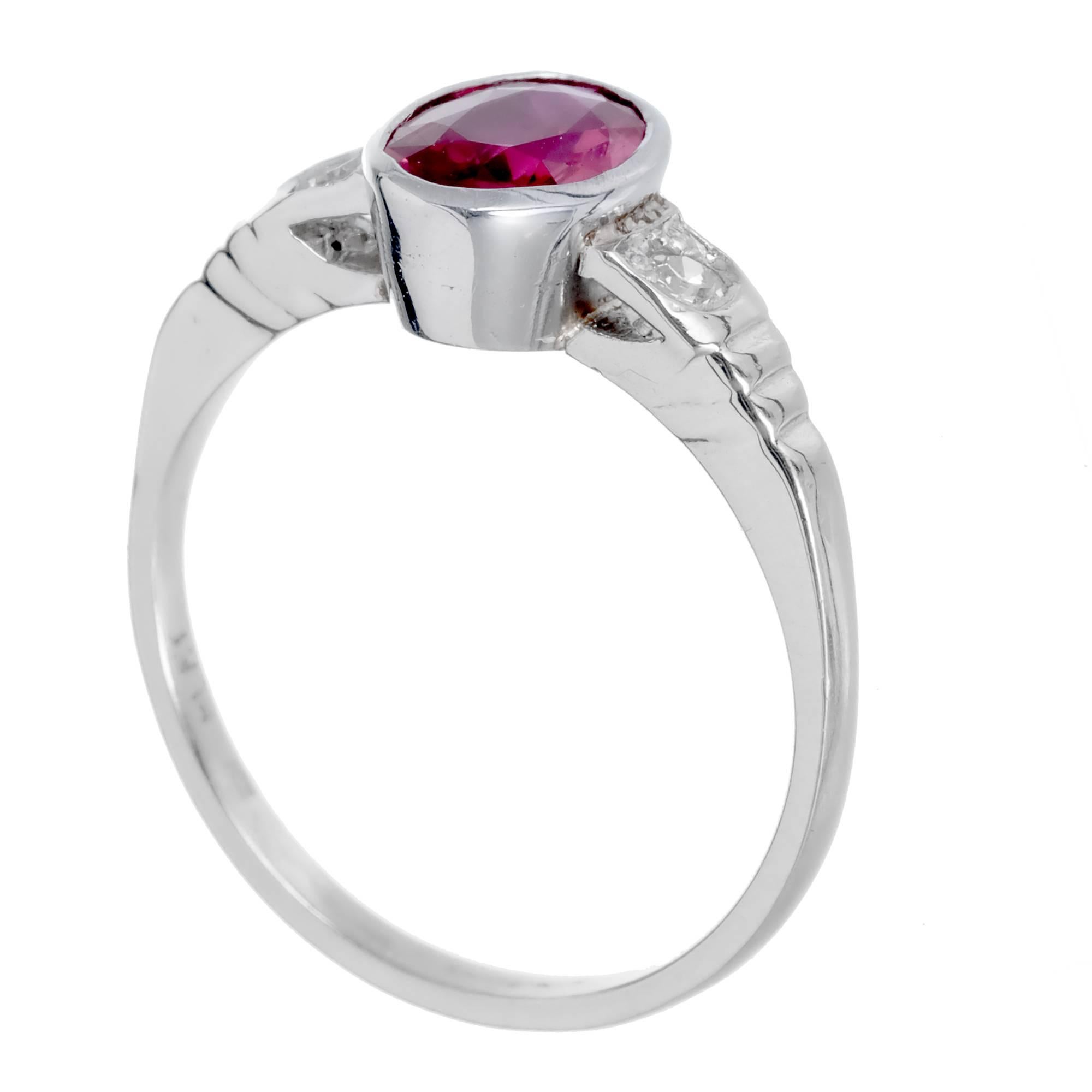 Women's Art Deco Red Oval Natural Ruby Diamond Platinum Engagement Ring For Sale