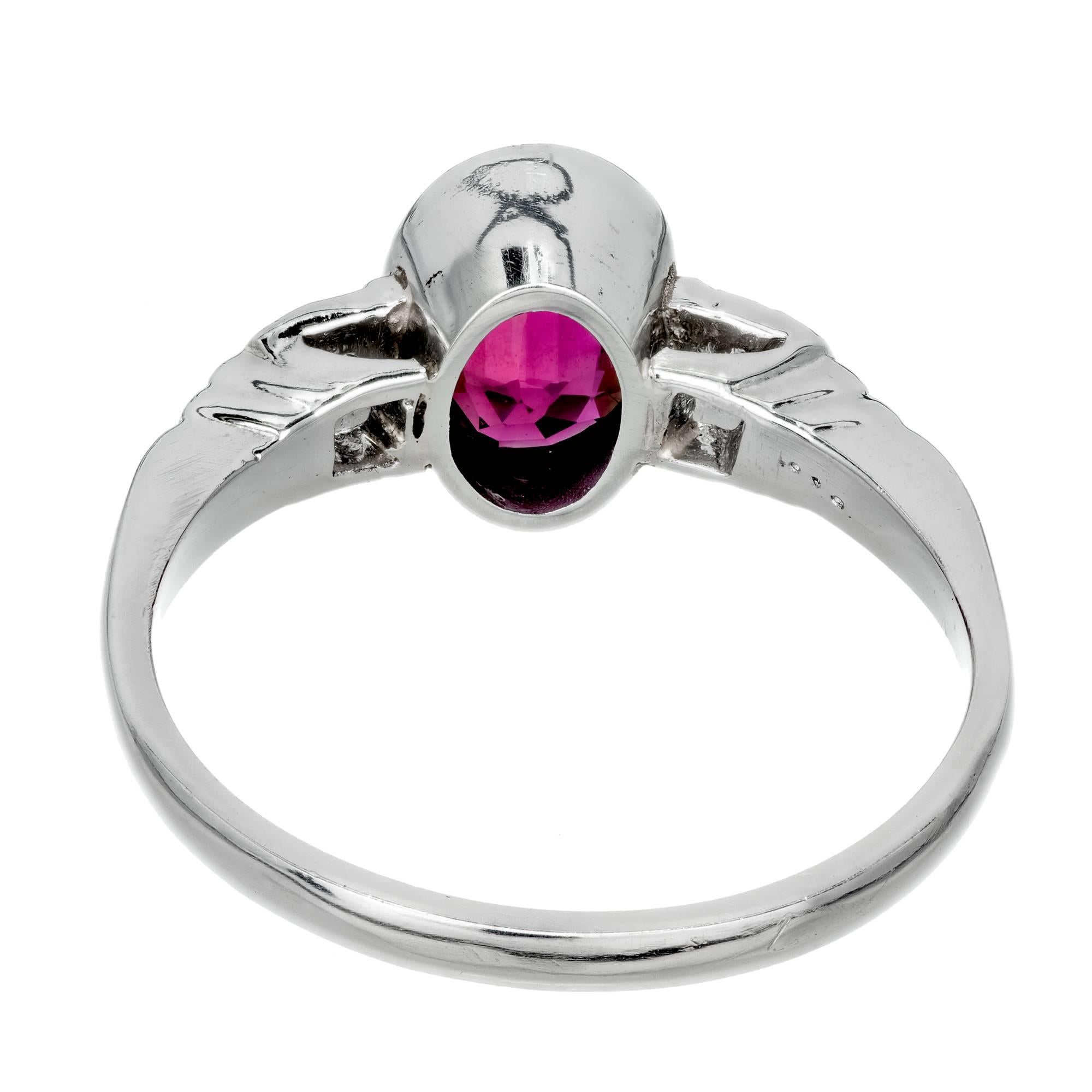 Art Deco Red Oval Natural Ruby Diamond Platinum Engagement Ring For Sale 1
