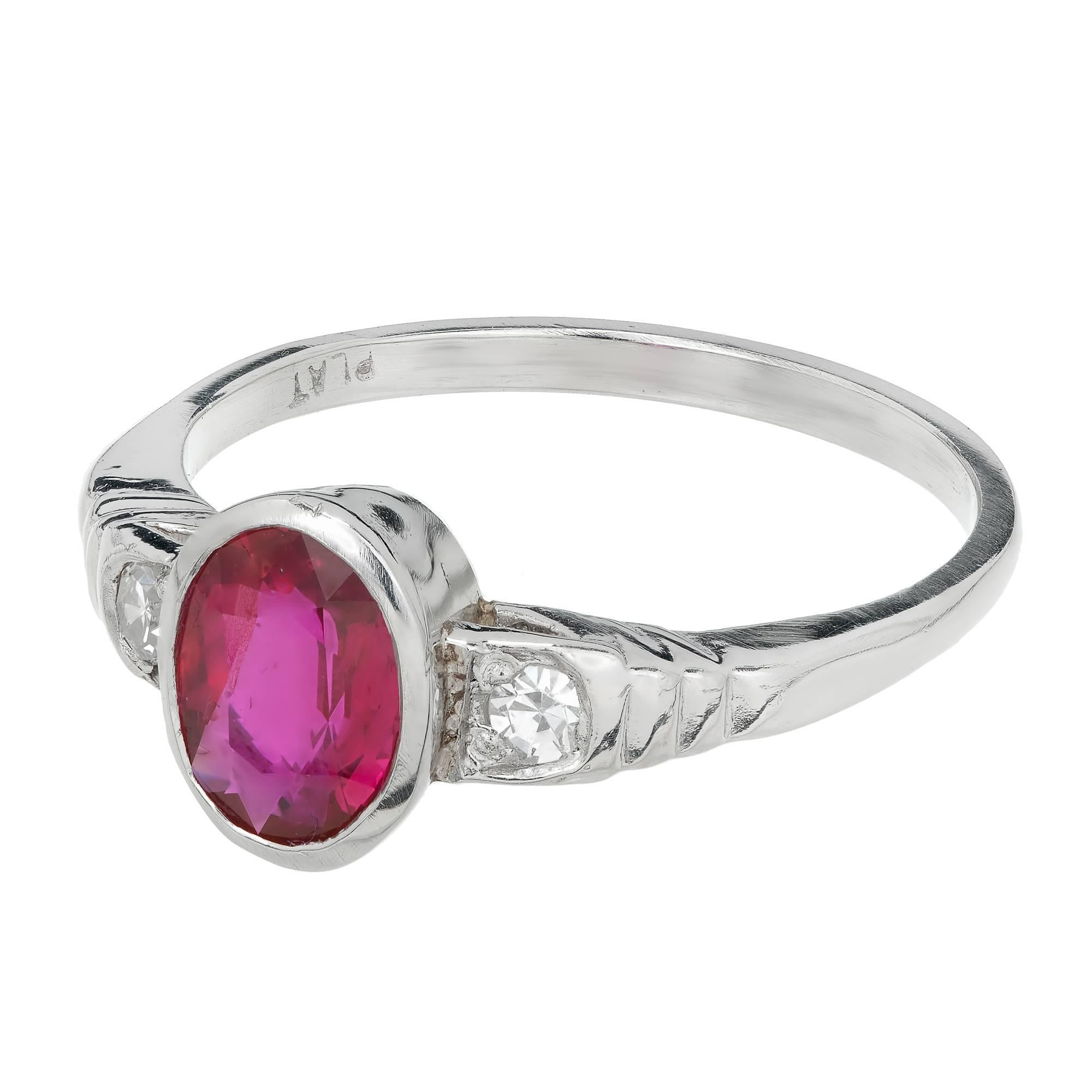 Art Deco Red Oval Natural Ruby Diamond Platinum Engagement Ring For Sale 3