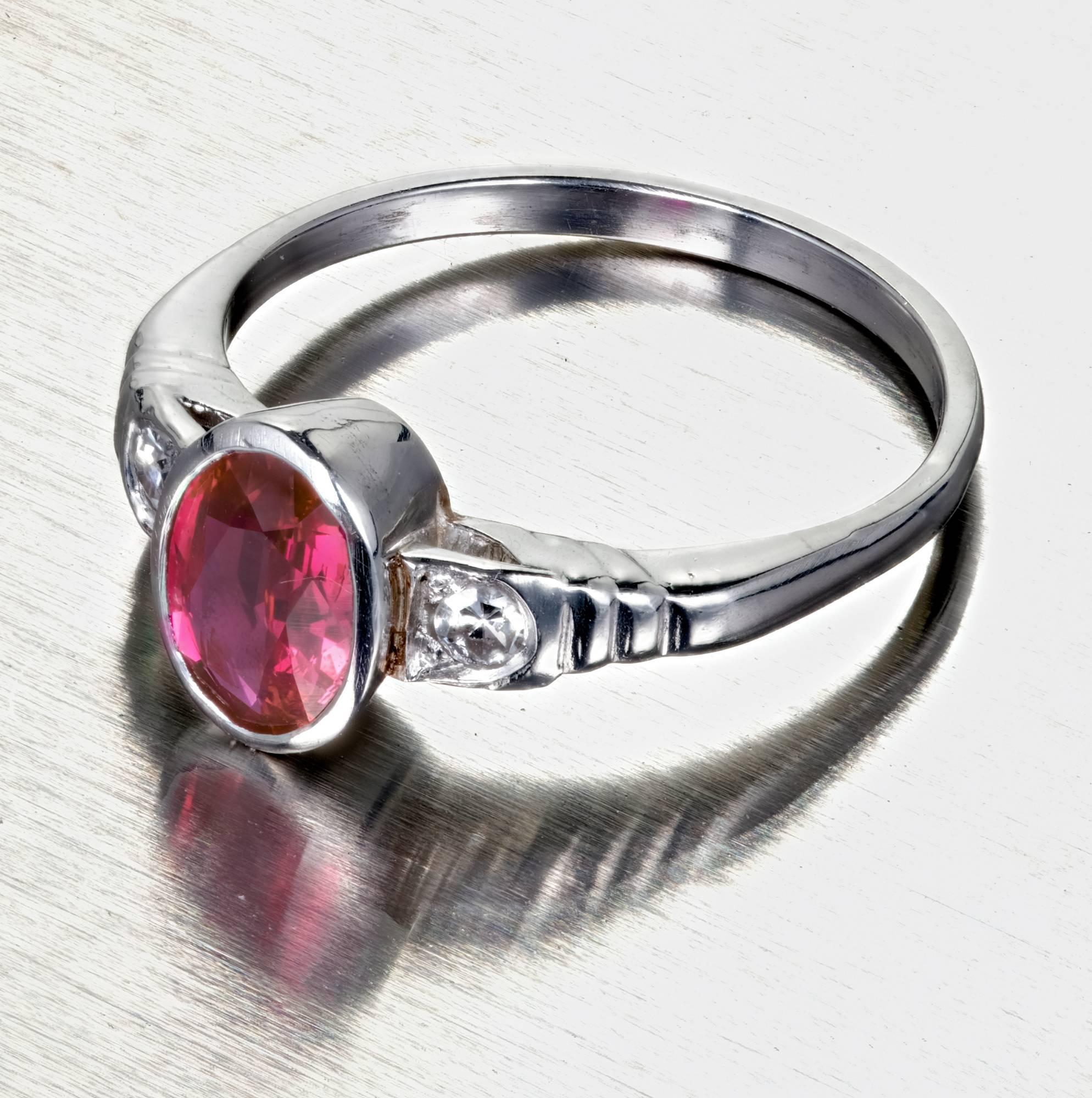 Oval Cut Art Deco Red Oval Natural Ruby Diamond Platinum Engagement Ring For Sale