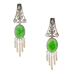 Natural Jadeite Jade Pearl Diamond Art Deco Platinum Dangle Earrings