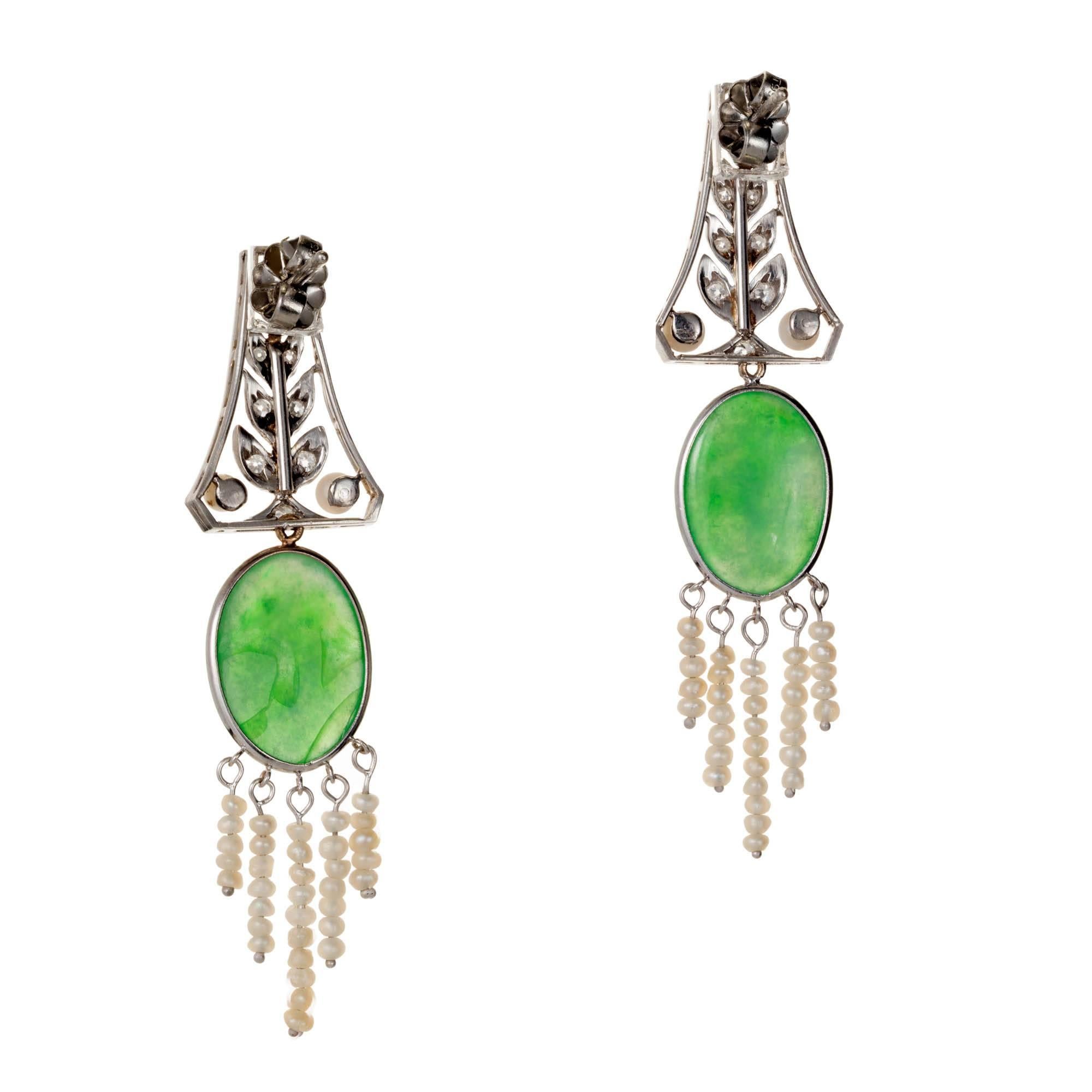 Women's Natural Jadeite Jade Pearl Diamond Art Deco Platinum Dangle Earrings For Sale