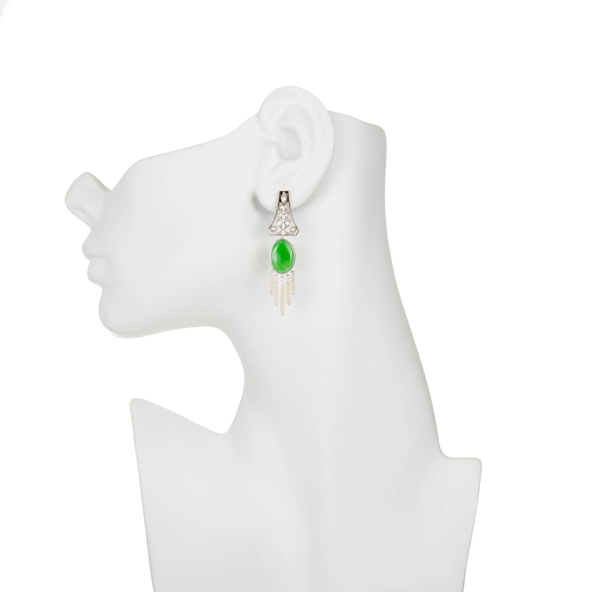 Round Cut Natural Jadeite Jade Pearl Diamond Art Deco Platinum Dangle Earrings For Sale