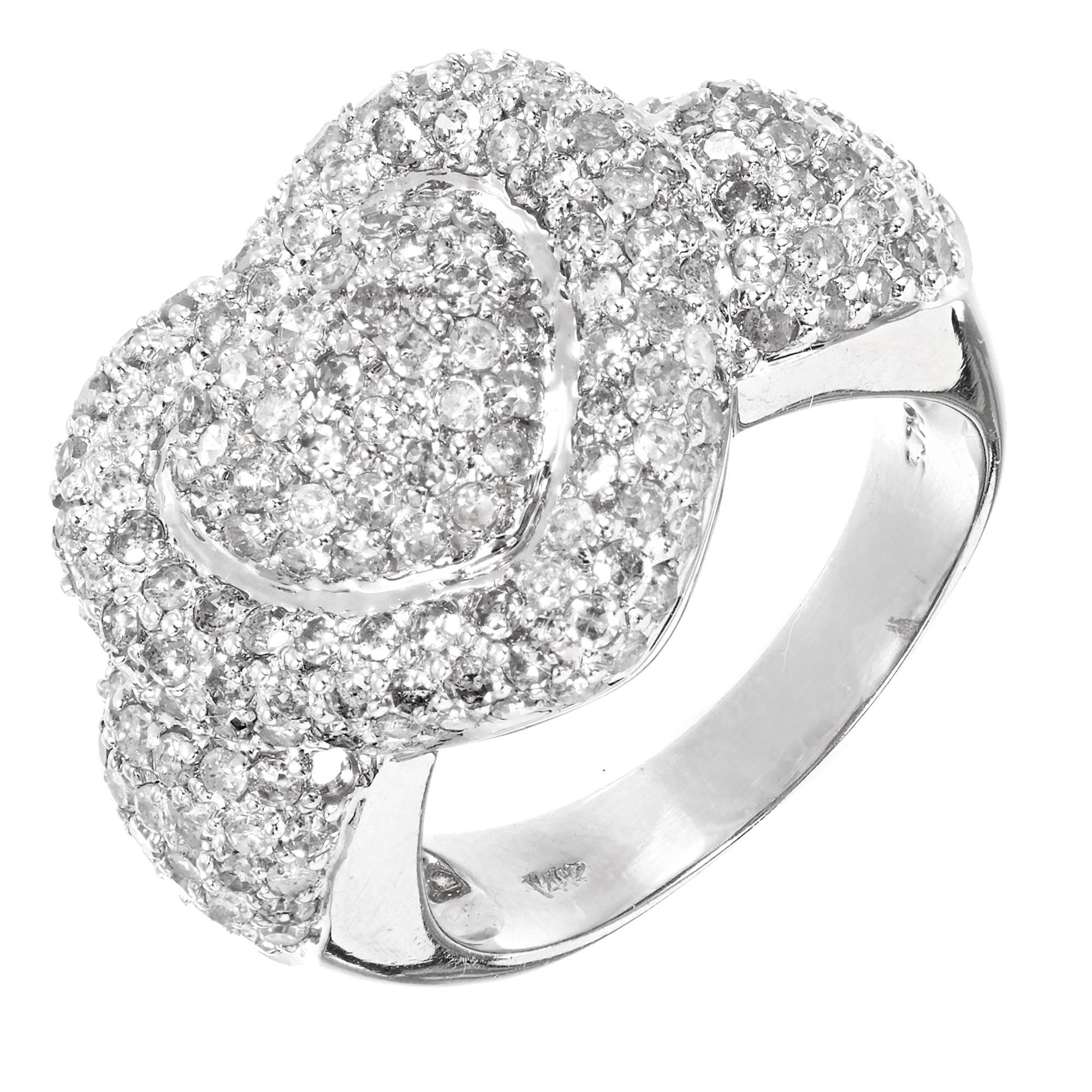 Domed 14k white gold pavé set heart cocktail ring with full cut diamonds set very closely together, all bright and sparkly.

Approx. 192 full cut diamonds, approx. total weight 2.75cts, H, SI1 - I1
Stamped: 14k SJM
14k White Gold
9.2 grams
Width at