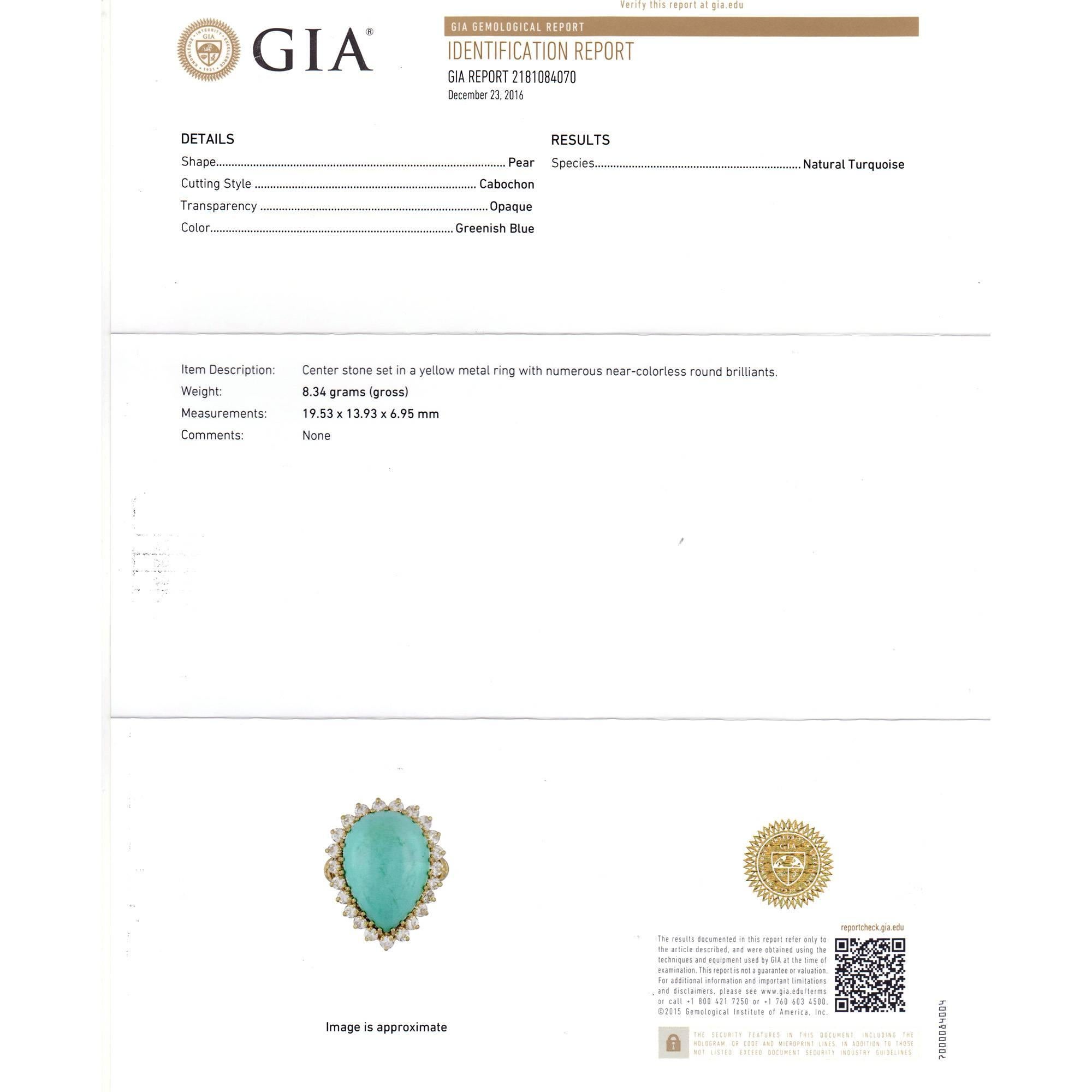 GIA-zertifizierter natürlicher Türkis-Diamant-Halo-Cocktailring aus Gold im Zustand „Hervorragend“ im Angebot in Stamford, CT