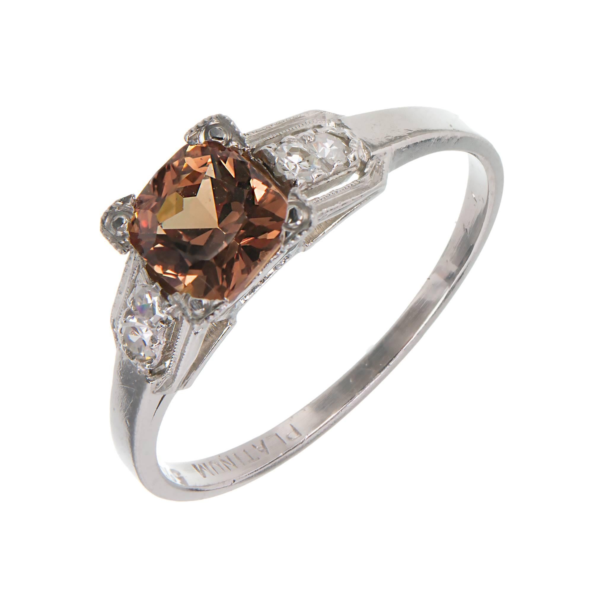 GIA Certified 1.01 Carat Brown Orange Sapphire Diamond Platinum Engagement Ring For Sale