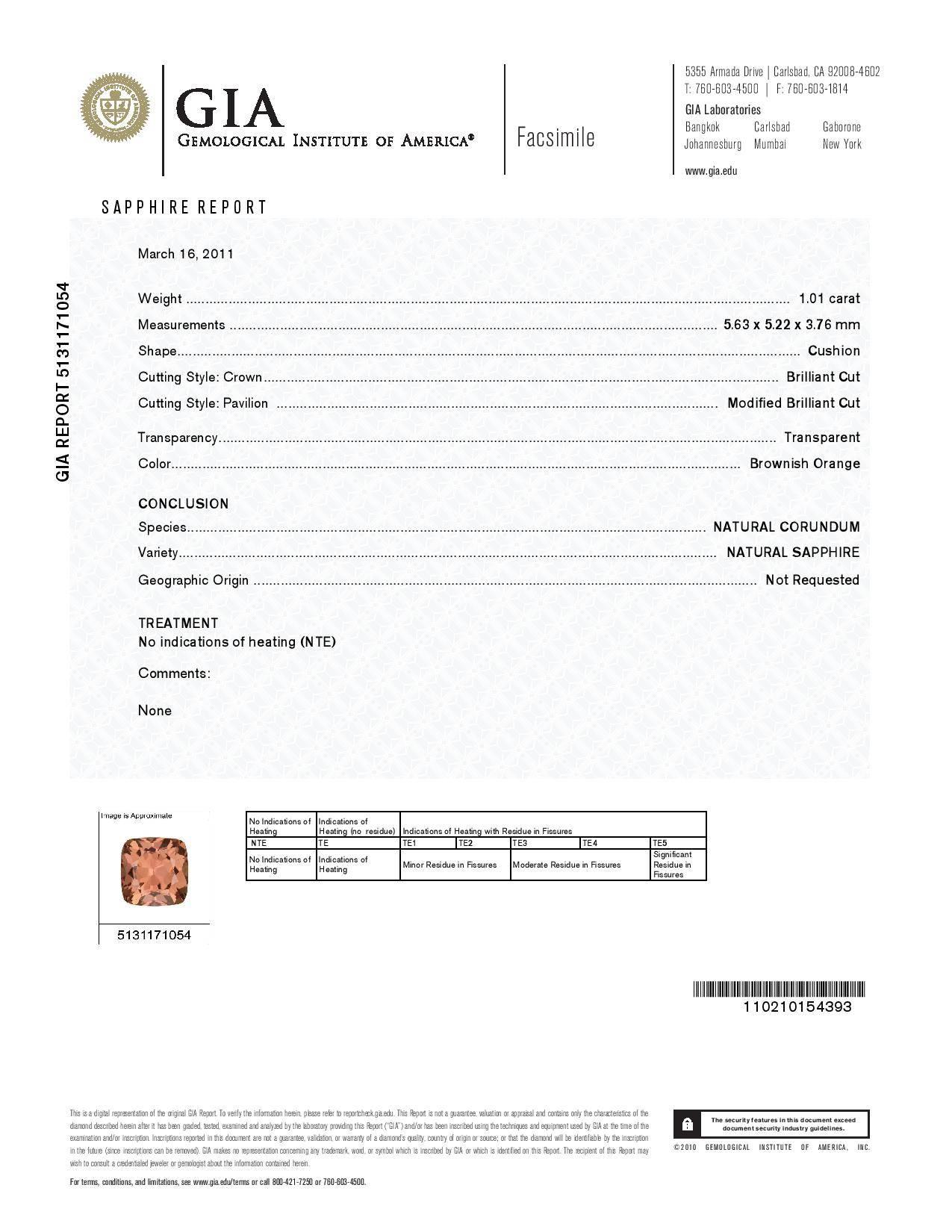 GIA Certified 1.01 Carat Brown Orange Sapphire Diamond Platinum Engagement Ring For Sale 2