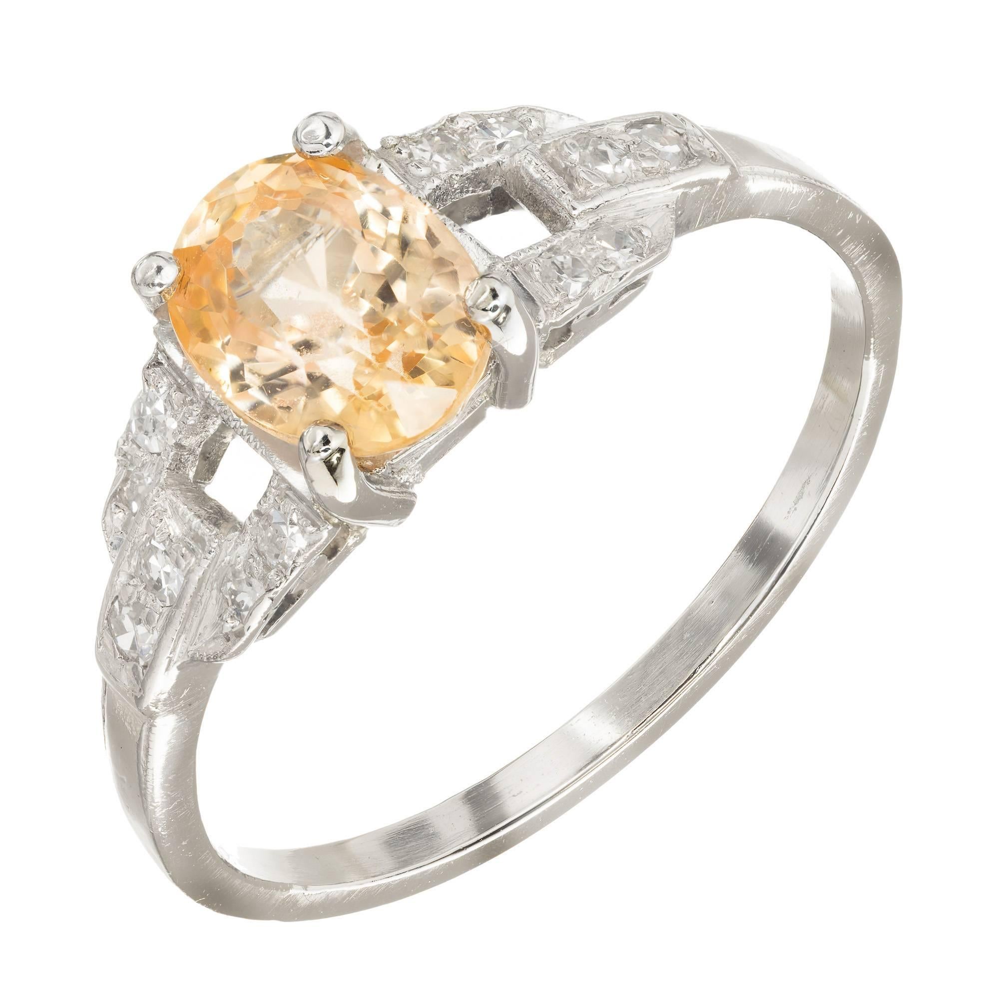 1.21 Carat Natural Yellow Orange Sapphire Diamond Platinum Engagement Ring For Sale