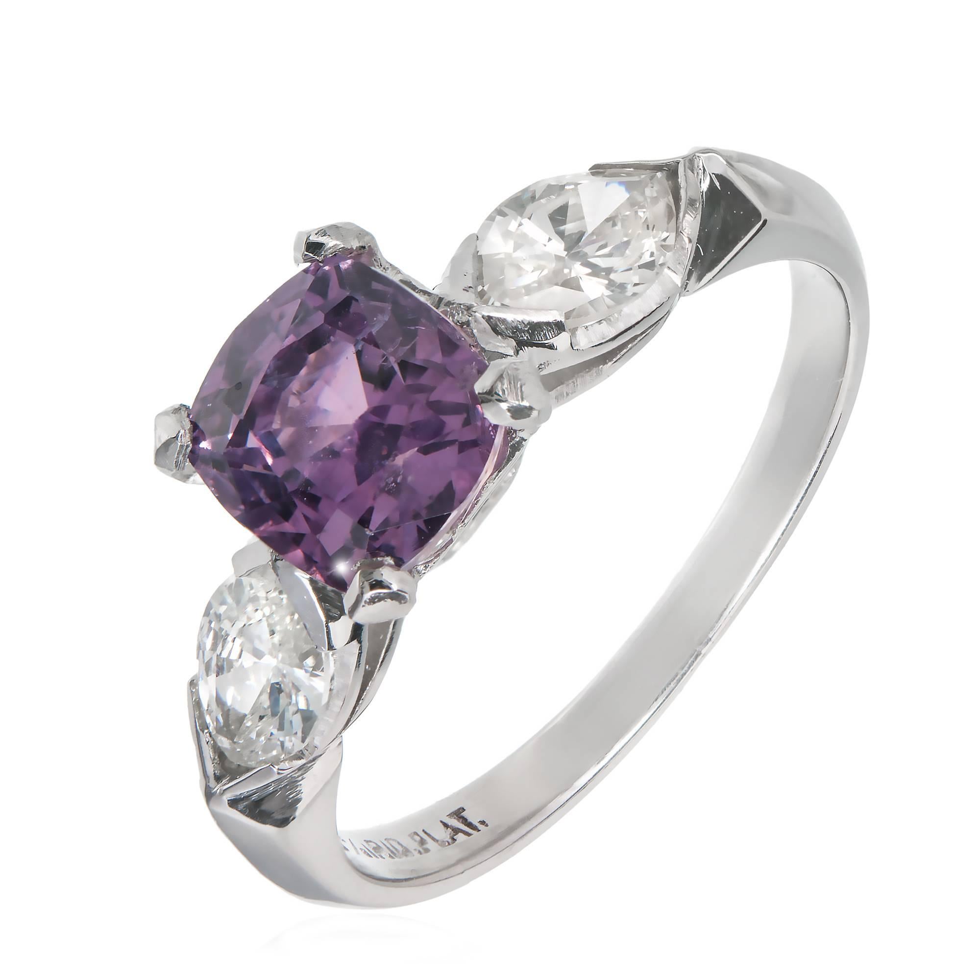 Cushion cut GIA certified purple sapphire engagement ring, with a distinct pink secondary color. 2 marquise side diamonds in a platinum setting. circa 1950s. 

1 cushion purple Sapphire, approx. total weight 1.89cts, natural no heat, 6.39 x 6.02 x
