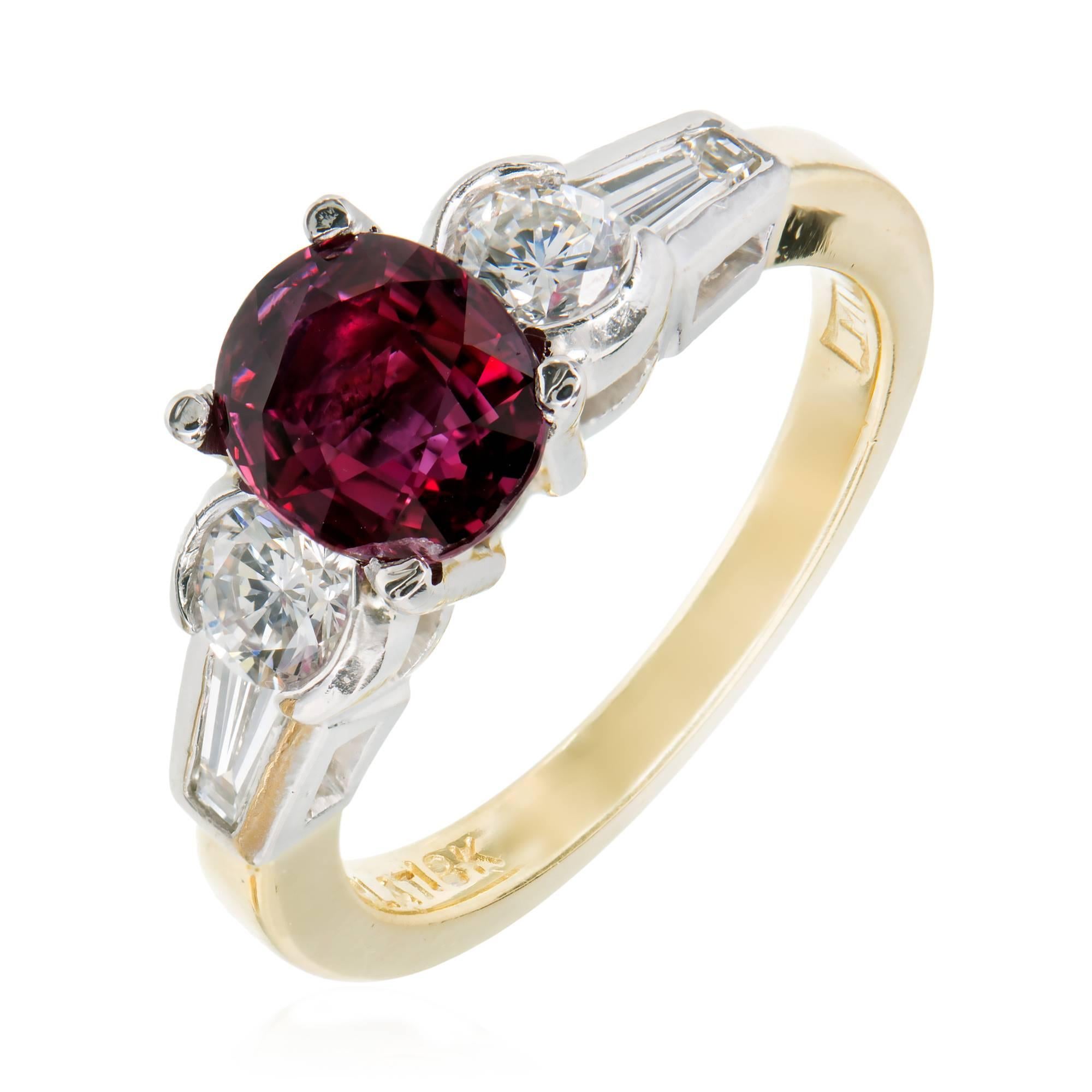 Fine bright vivid red Ruby and diamond engagement ring. GIA certified natural corundum simple heat only. Platinum and 18k yellow gold ring.

1 oval bright red Ruby, approx. total weight 1.59cts, SI1, 7.64 x 6.22 x 3.5mm, Heated GIA certificate