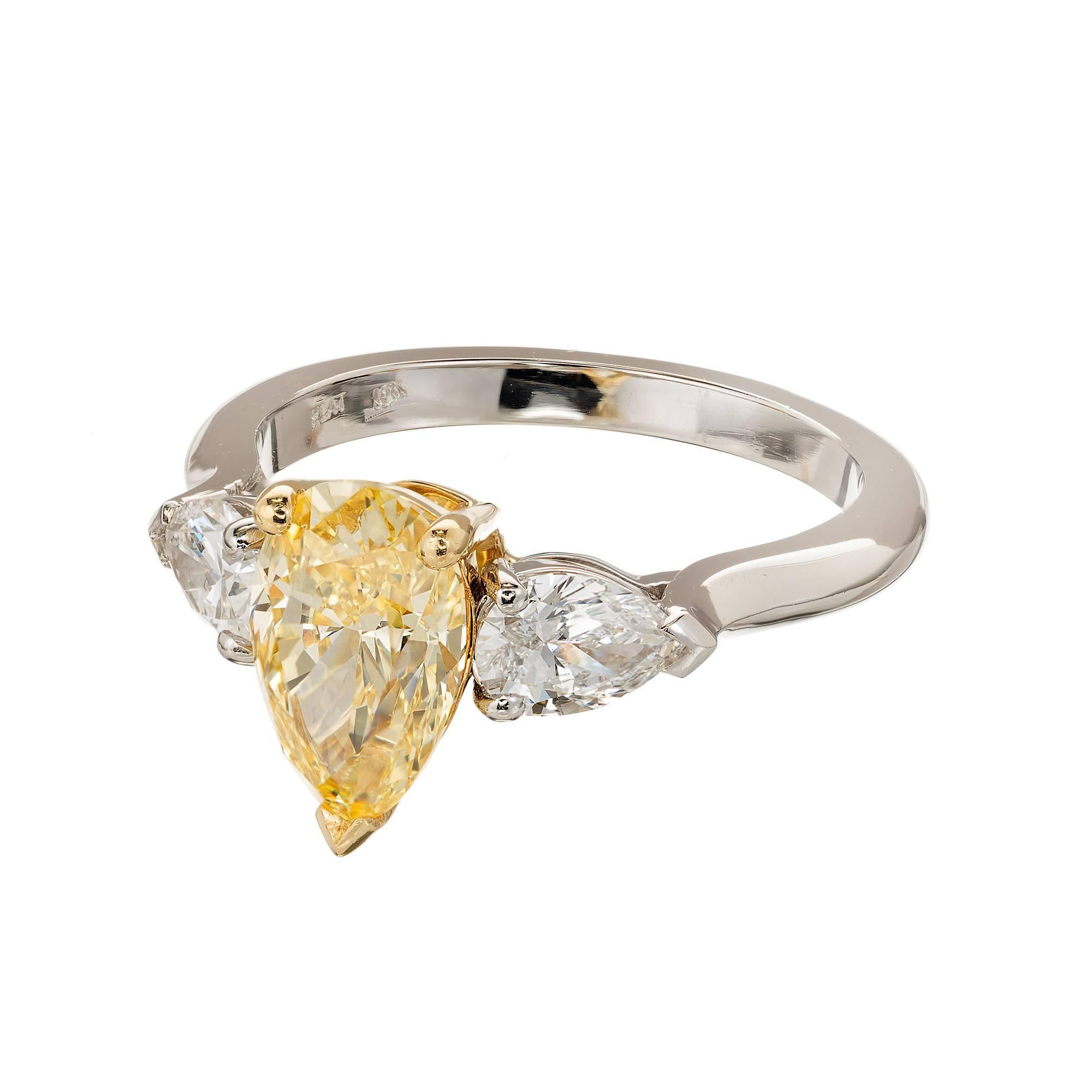 Pear Cut Peter Suchy 1.54 Carat Pear Yellow White Diamond Platinum Gold Engagement Ring